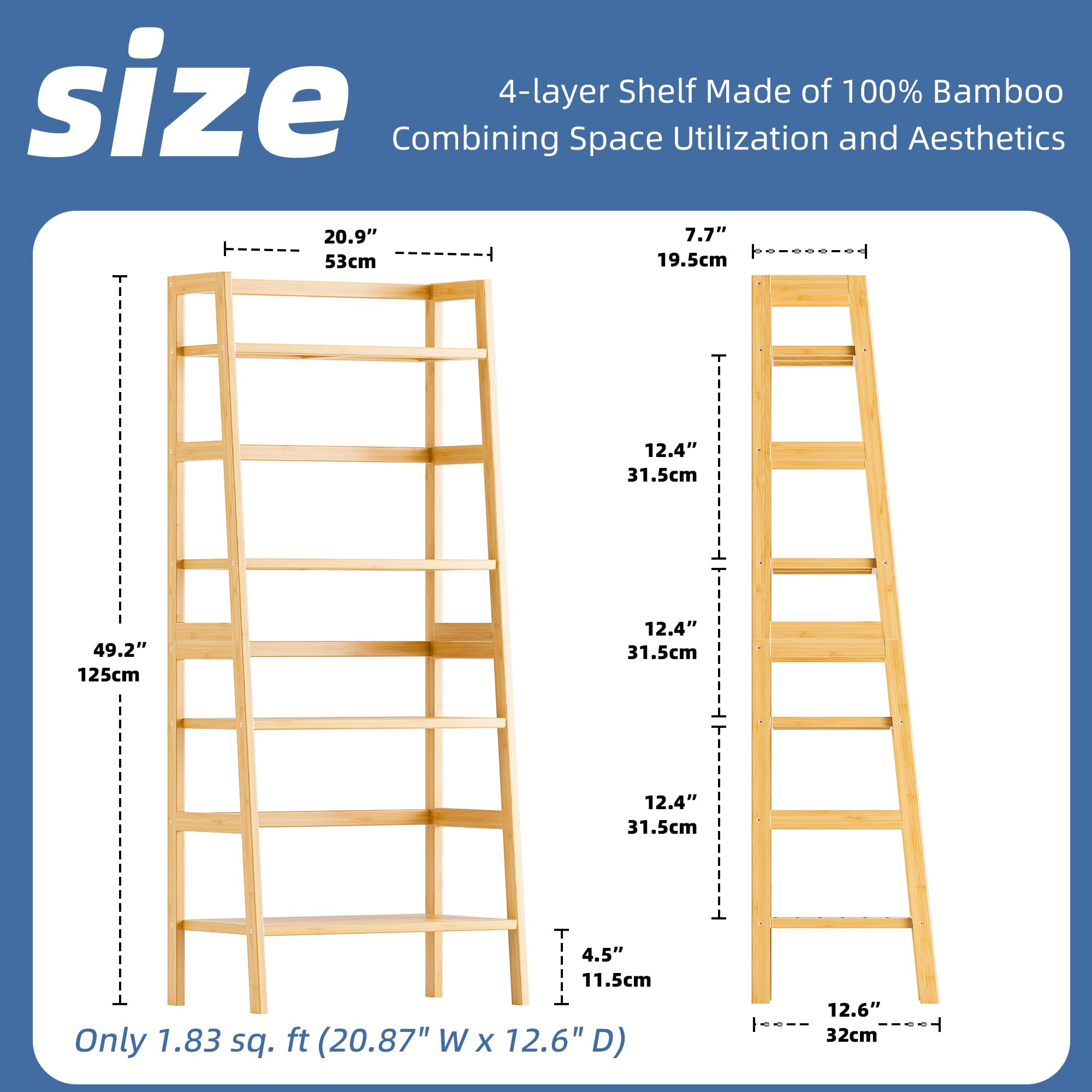 HITNET 4-Tier Bamboo Ladder Shelf - Leaning Bookcase & Storage Organizer for Books, Plants & Home Decor | Freestanding Display Rack for Living Room, Office, Kitchen | Natural Wood Finish | Space-Saving Home & Office Storage Solution