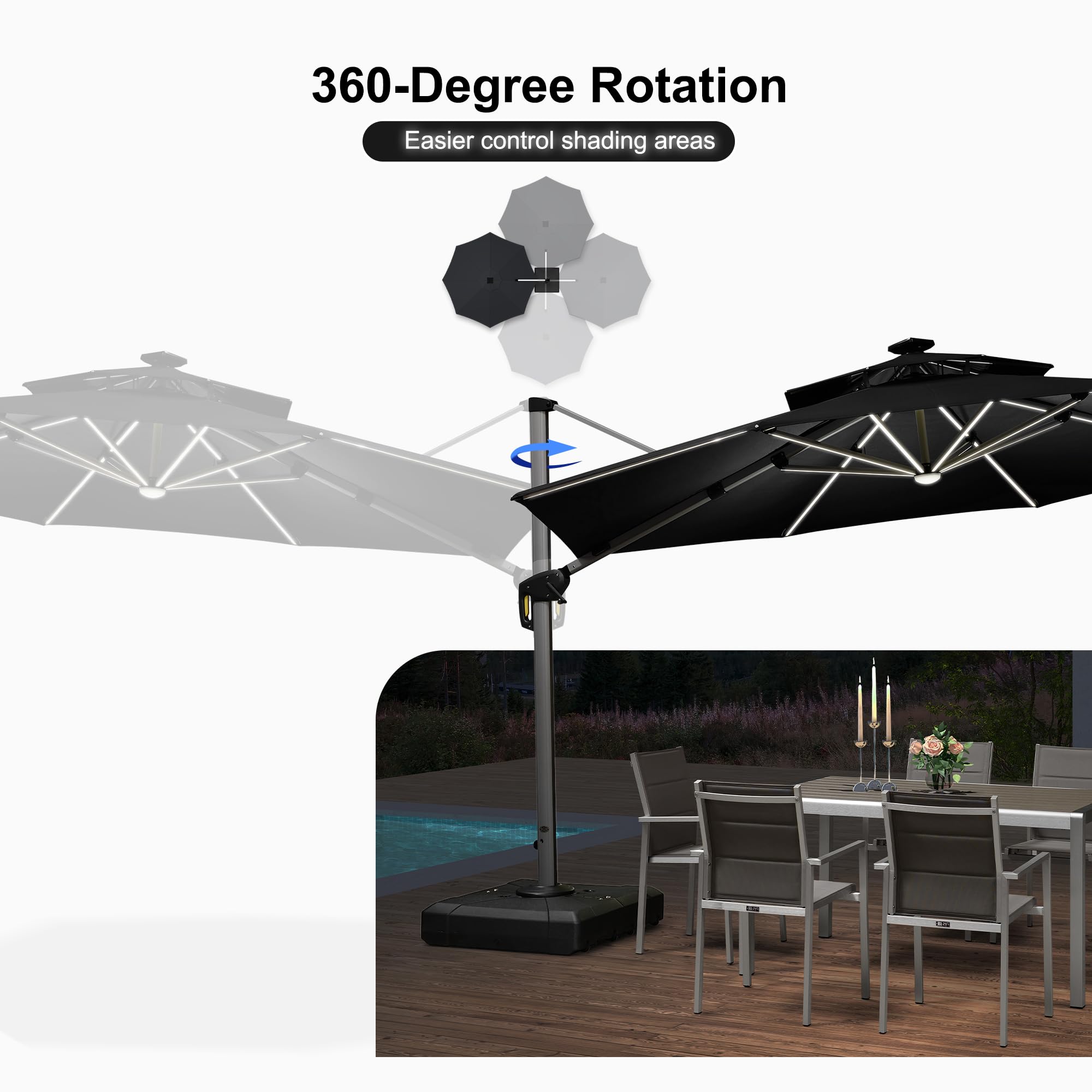 12ft Solar Powered LED Patio Umbrella - Large Windproof Cantilever Outdoor Umbrella with Bright LED Lights for Garden, Pool, Deck & Backyard - Heavy Duty Sun Shade Perfect for Lounging, Dining & Outdoor Relaxation (Black)
