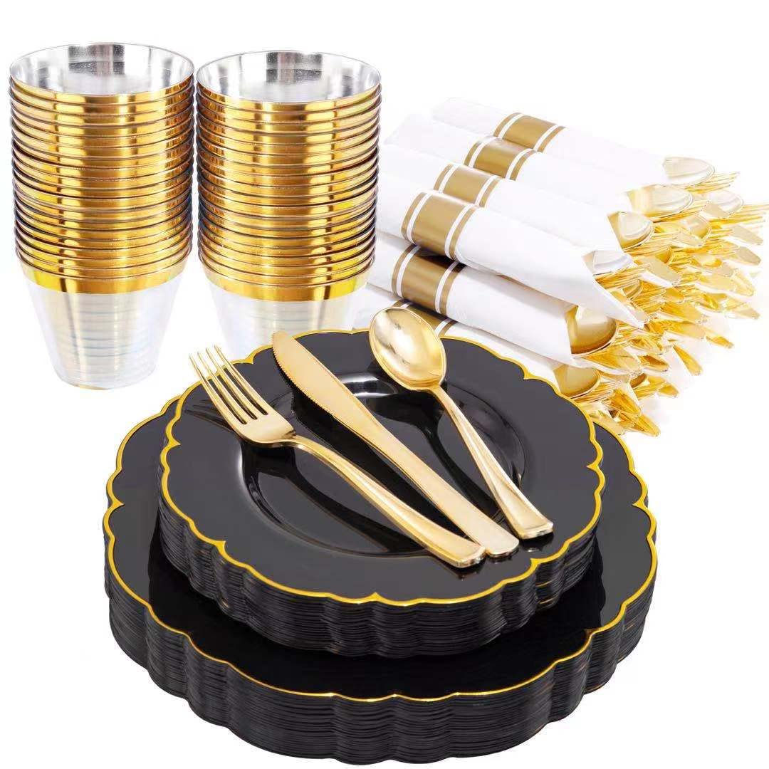 Morejoy 175-Piece Black Gold Plastic Dinnerware Set - 50 Plates, 25 Spoons, 25 Forks, 25 Knives, 25 Cups - Elegant Disposable Tableware for Weddings, Parties, Birthdays & New Year Celebrations - Perfect for Indoor & Outdoor Events, Catering, and Special Occasions