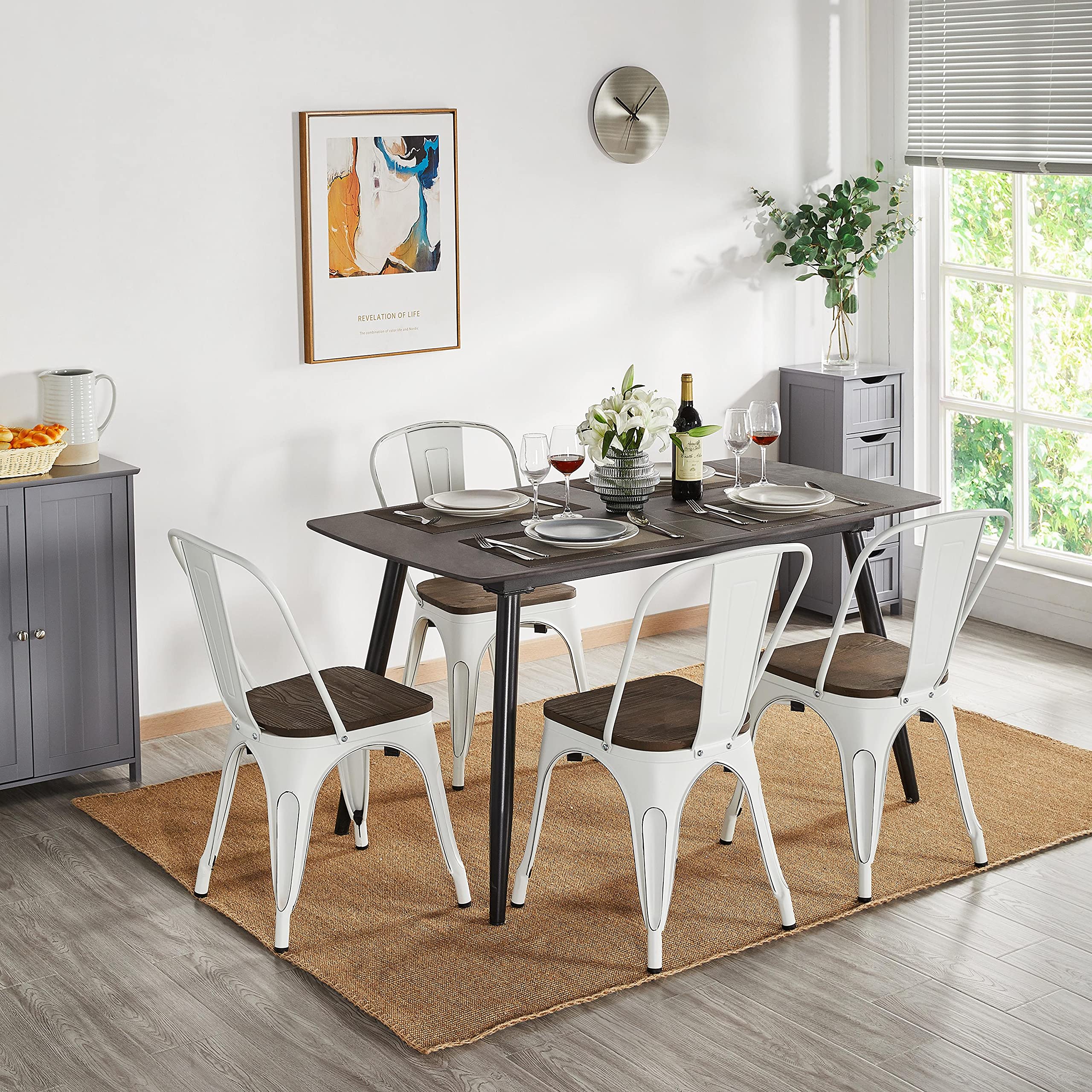 Yaheetech 4-Pack Modern Farmhouse Dining Chairs - Stackable Metal Chairs for Indoor & Outdoor Use - Waterproof White Kitchen & Patio Furniture - Perfect for Dining Room, Restaurant, and Garden Parties