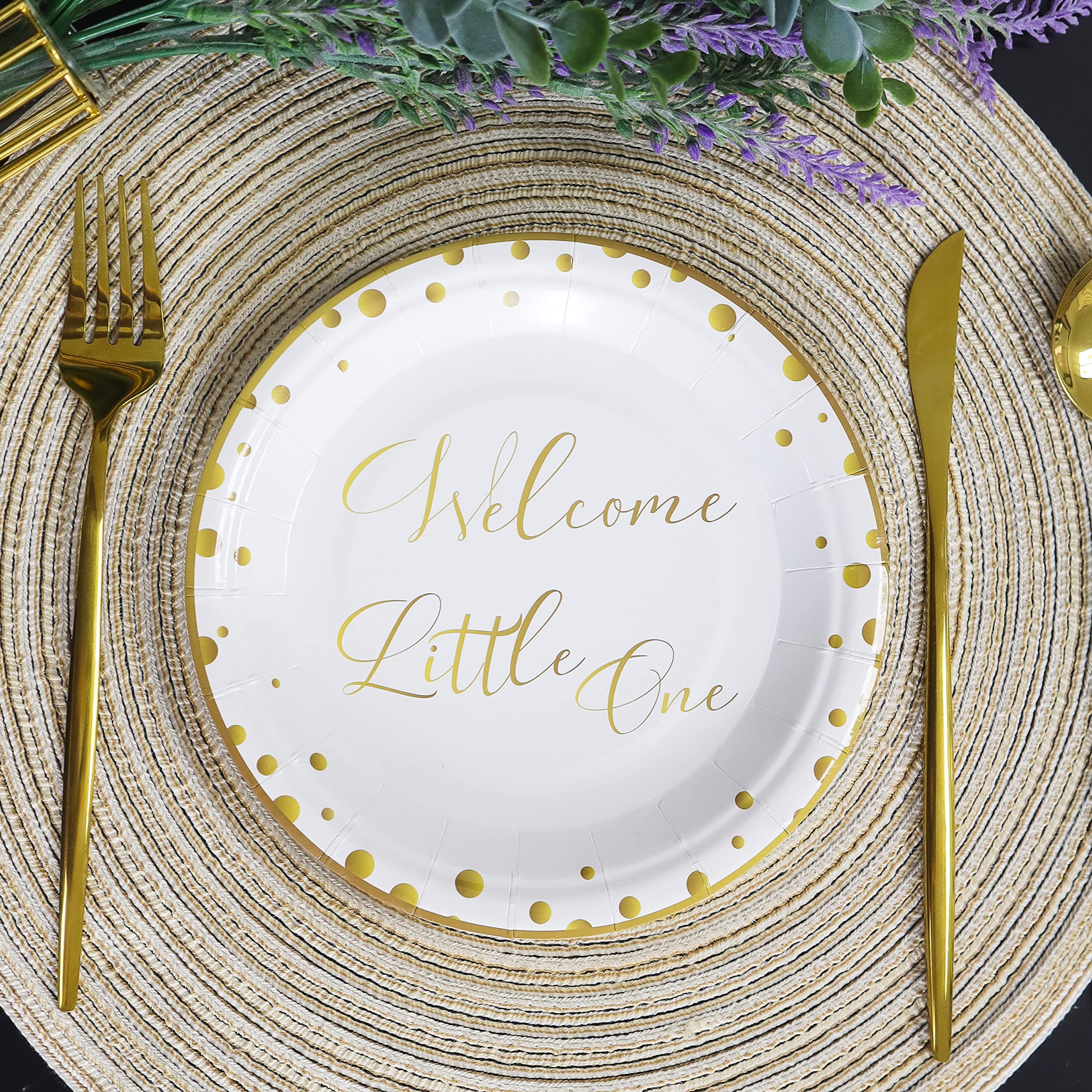 Pandecor 50-Pack 7 Inch Disposable Welcome Little One Dessert Plates - Eco-Friendly Baby Shower Party Supplies for Gender Reveal, Newborn Celebration & First Birthday
