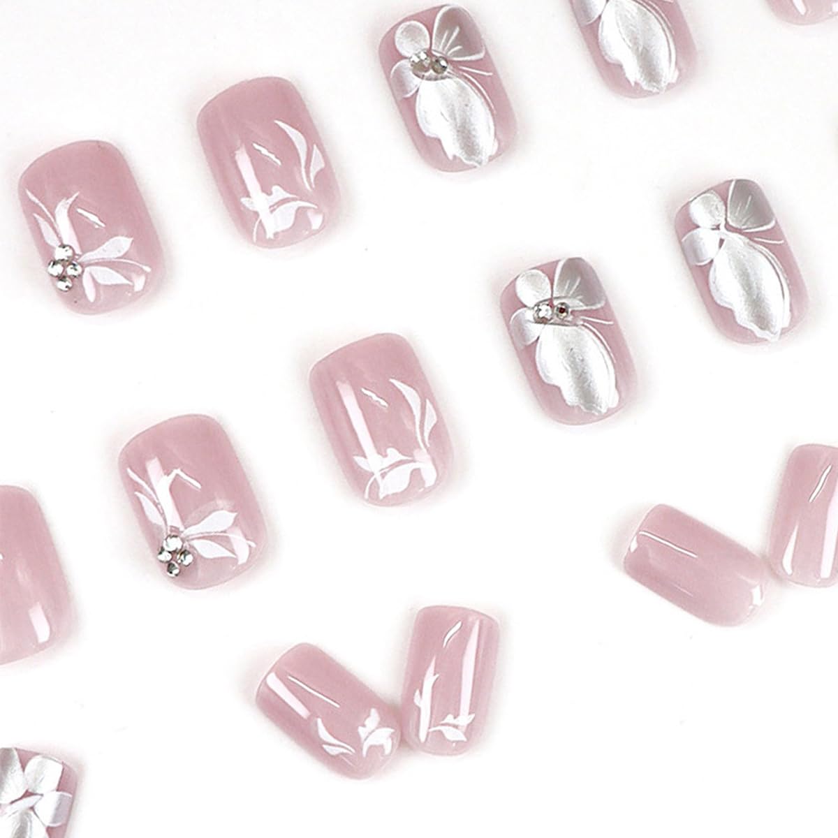 Pink Butterfly Diamond Press on Nails - Short Acrylic Fake Nails with Sparkle Designs, Reusable Stick on Nails for Women & Girls (24Pcs) - Perfect for Parties, Weddings, and Everyday Glam