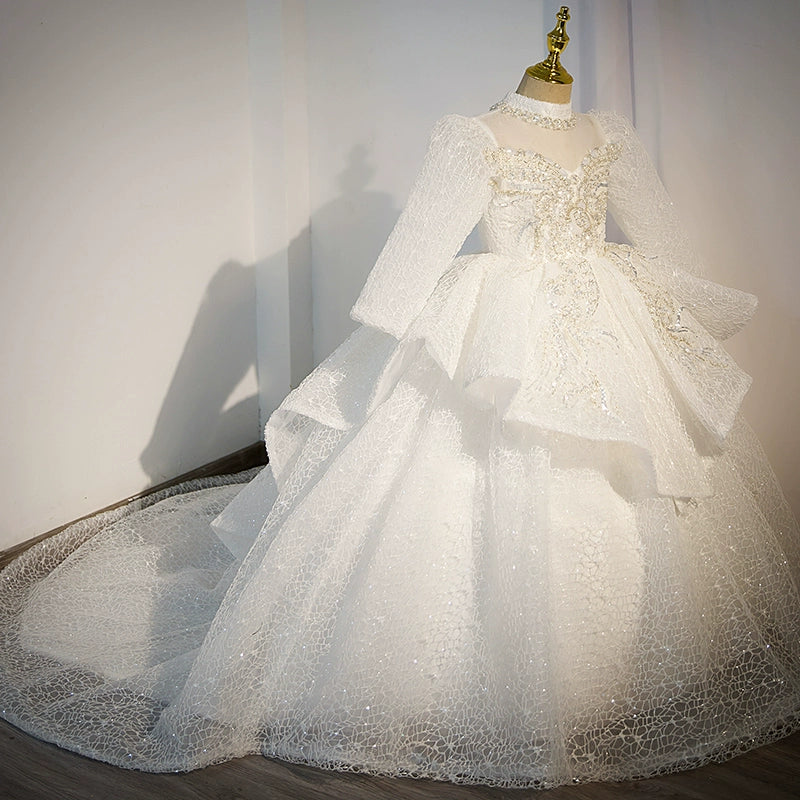 Princess Mock Neck Floor Length Tulle Flower Girl Dress in White - Perfect for Weddings, Pageants, and Special Occasions