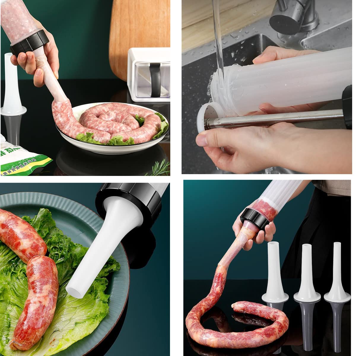 Hand Operated Manual Sausage Maker with Pork & Mutton Intestine Funnels - Meat Sausage Stuffer Filler for Homemade Salami, Bratwurst & Sausages - Perfect for Home Kitchen, BBQ Parties & Camping Trips