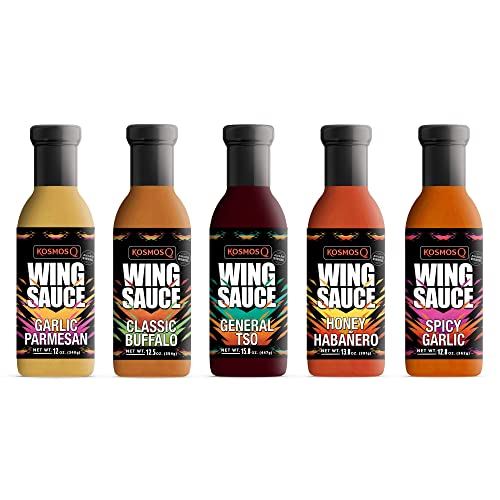 Kosmos Q 5-Pack Wing Sauce Sampler Set - 12.5 Oz Bottles (5 Pack) - Hot & Spicy BBQ Buffalo Sauce for Chicken Wings, Grilling, Dipping & Cooking - Perfect for Game Day, Parties & Family Gatherings