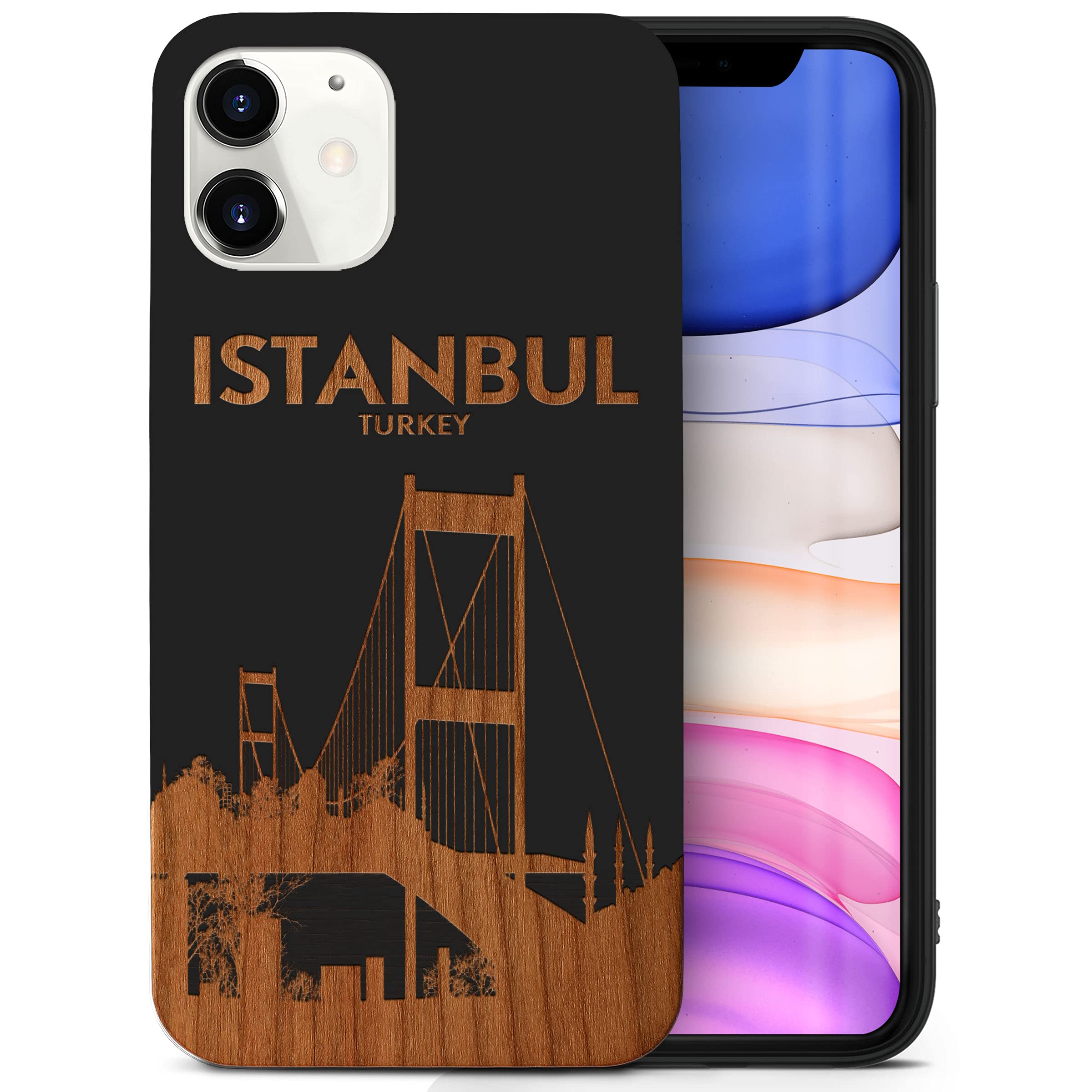 CaseYard Wooden iPhone 11 Case - Laser Engraved Istanbul Bridge Design in Black | Slim Fit Shockproof Protective Cover for Men & Women | Perfect for Travel, Business & Everyday Use
