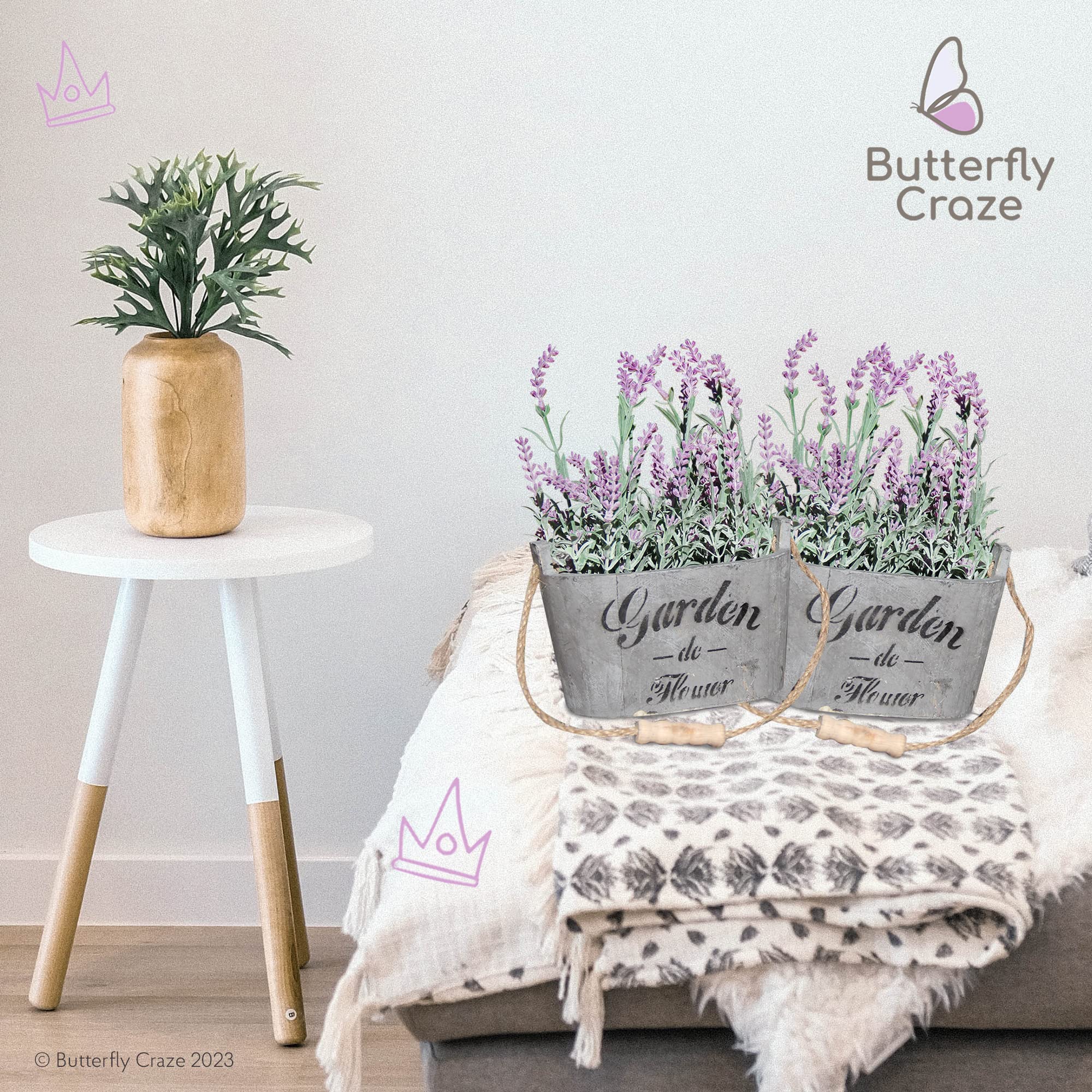 Lifelike Artificial Lavender Plants in Rustic Wooden Planters - Set of 2 Faux Silk Purple Flowers for Home, Office & Patio Decor - Perfect for Wedding Centerpieces, Farmhouse Style Decor & Gift Giving