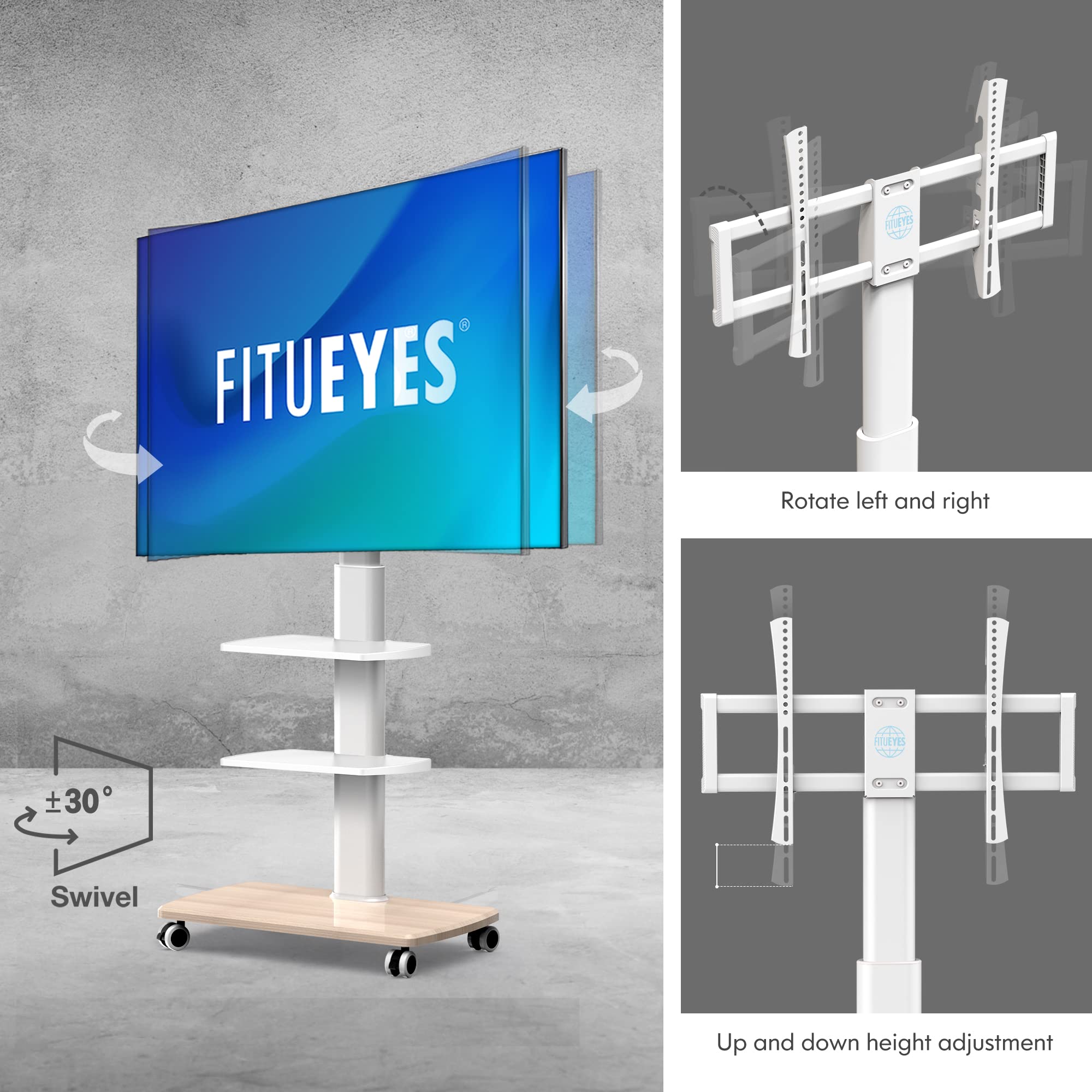 FITUEYES Mobile TV Stand with Wheels for 32-65 Inch Flat Screen TVs - Adjustable Height Swivel TV Cart for Living Room, Bedroom, Office, Dorm | Easy Rolling TV Stand for Corner Spaces & Small Rooms (White)