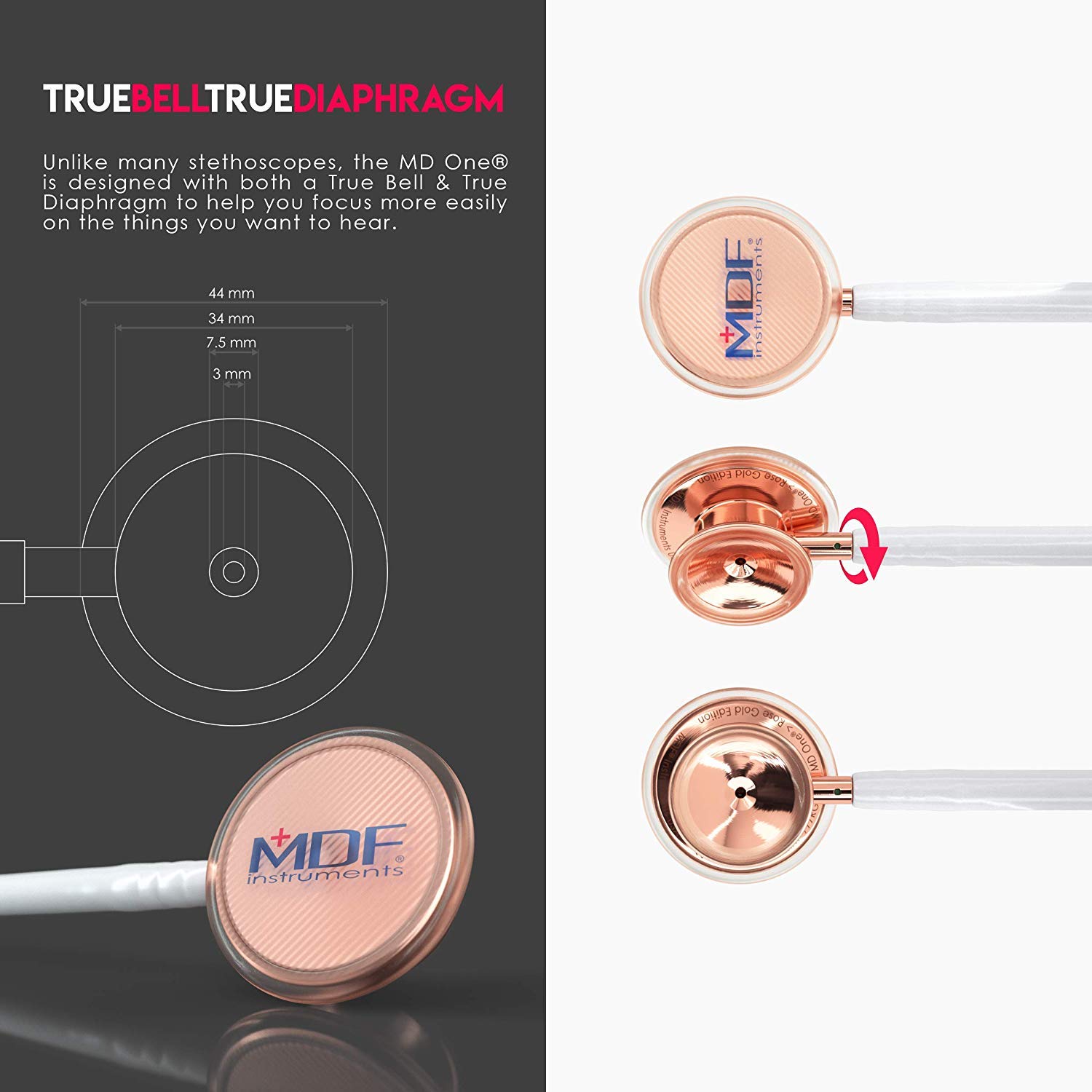 Premium MDF777RG29 RoseGold Stethoscope for Adults - Stainless Steel Chestpiece, White Tube & Headset - Ideal for Doctors, Nurses & Medical Professionals