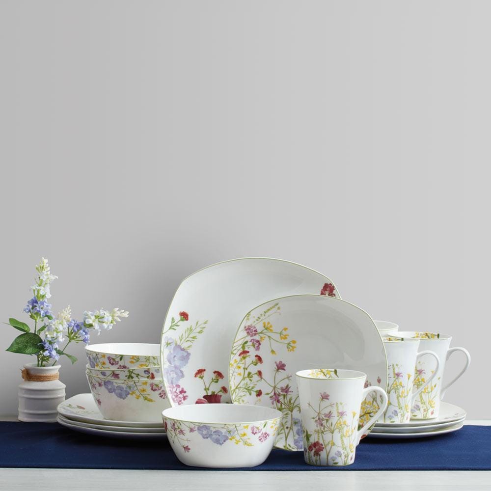 16-Piece Wildflower Garden Square Dinnerware Set - Service for 4, Floral Printed Stoneware Plates & Bowls - Perfect for Spring Brunch, Outdoor Picnics & Farmhouse Dining