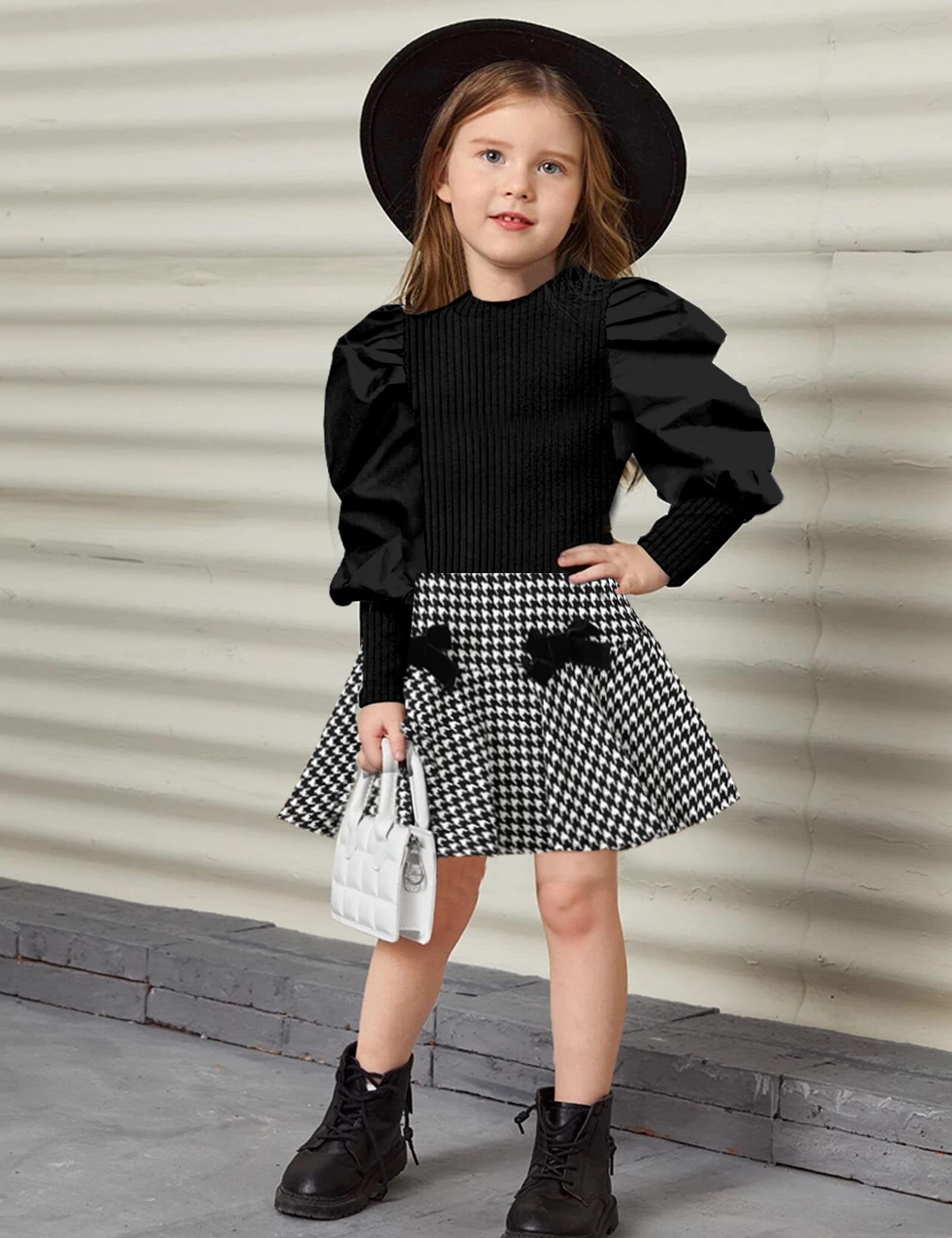 **DONWEN Toddler Girl Outfit Set - Puff Sleeve Top & Plaid Pleated Skirt 2-Piece Winter Clothes for Girls, Fall & Winter Fashion, Perfect for Holidays, Parties & School**