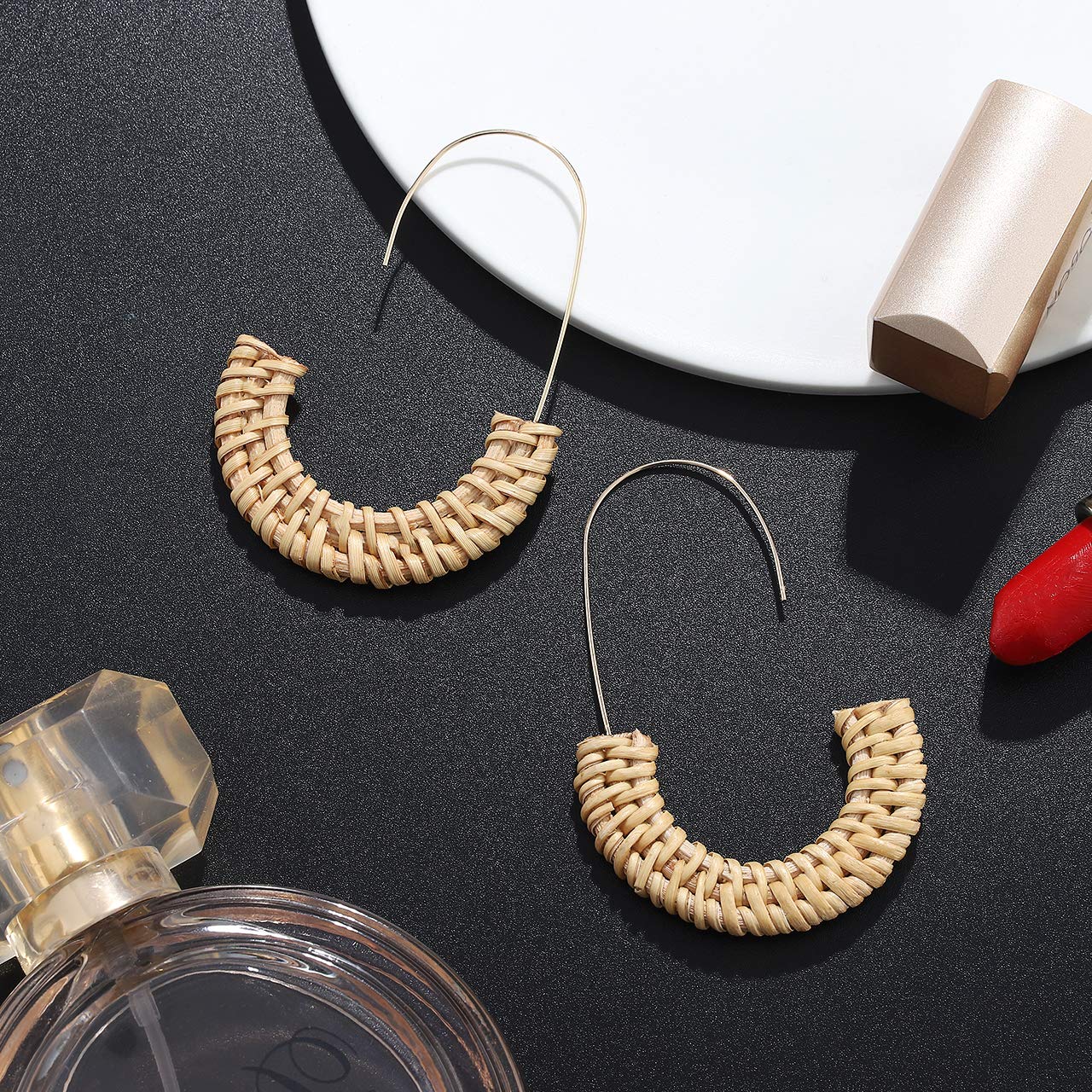 Handmade Rattan Hoop Earrings for Women - Lightweight Straw Wicker Braid Drop Dangle Earrings - Boho Fashion Jewelry for Summer, Beach, and Casual Wear