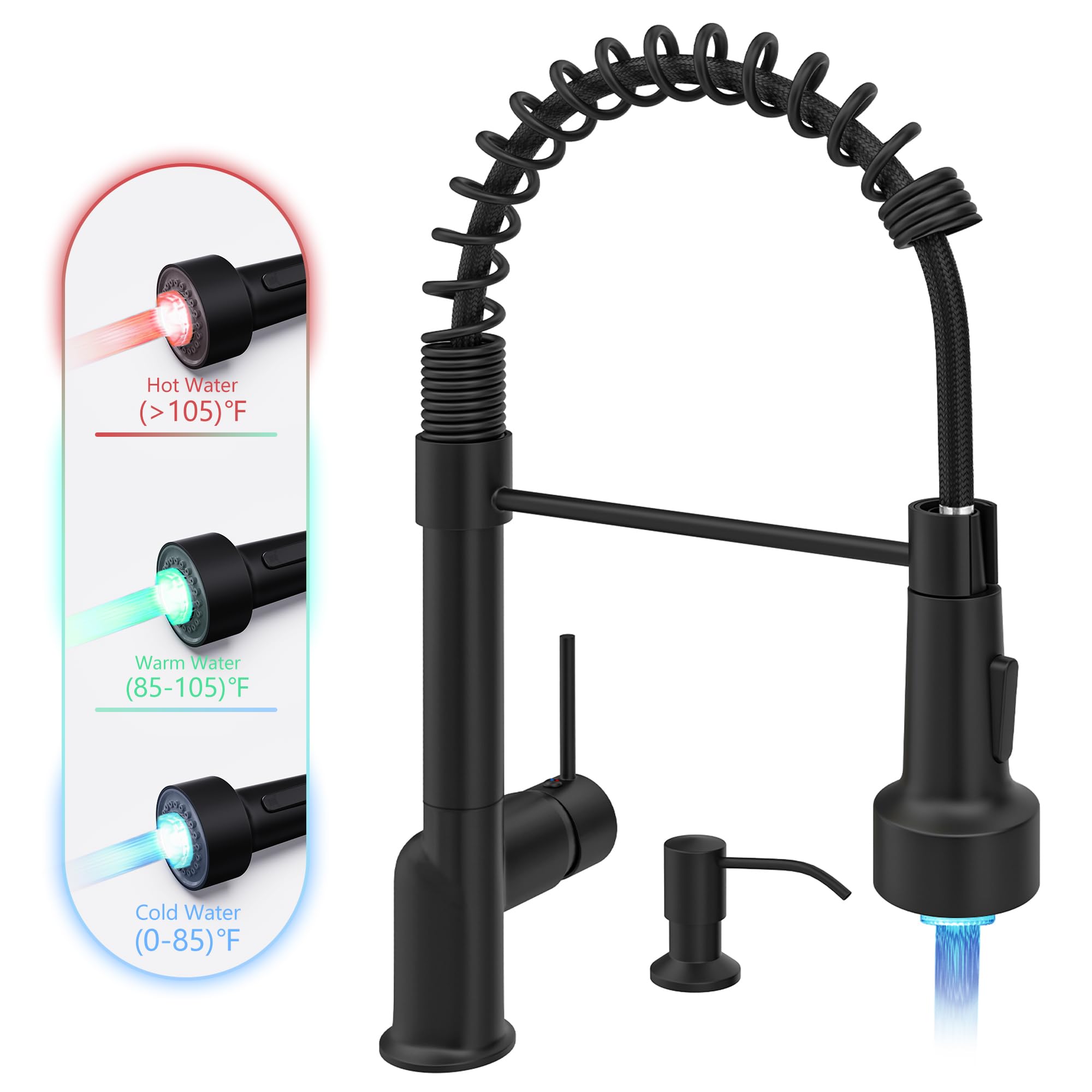 GIMILI Matte Black Kitchen Faucet with Pull Down Sprayer & Soap Dispenser - Single Handle LED Sink Faucet for Modern Kitchens | Perfect for Cooking, Washing Dishes & Food Prep