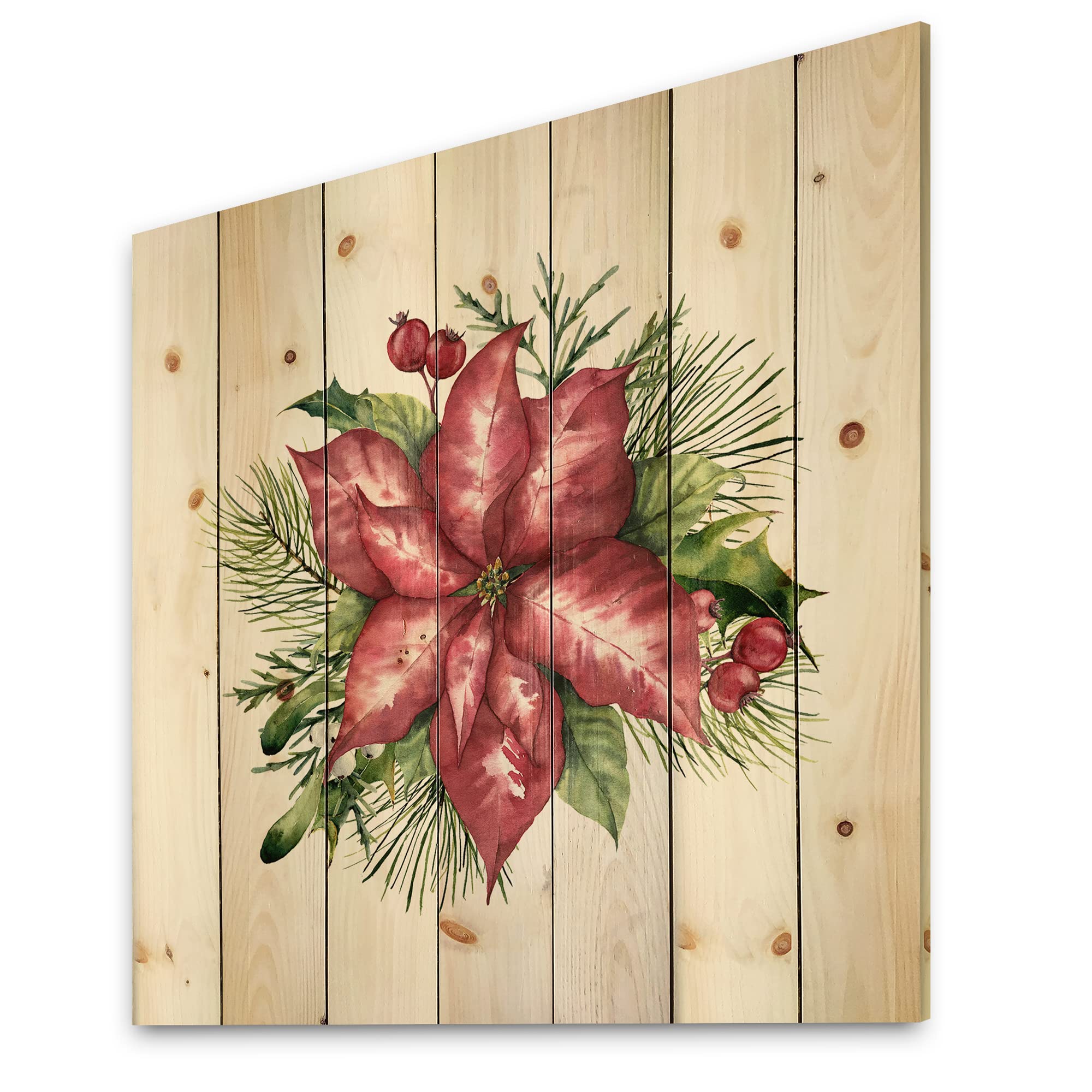 DesignQ Holly Mistletoe Berries & Christmas Fir Branch Traditional Wood Wall Decor - Large Floral Wood Wall Art Panel Printed on Natural Pine - Perfect for Holiday Home Decor, Christmas Tree Alternative & Rustic Farmhouse Wall Accent