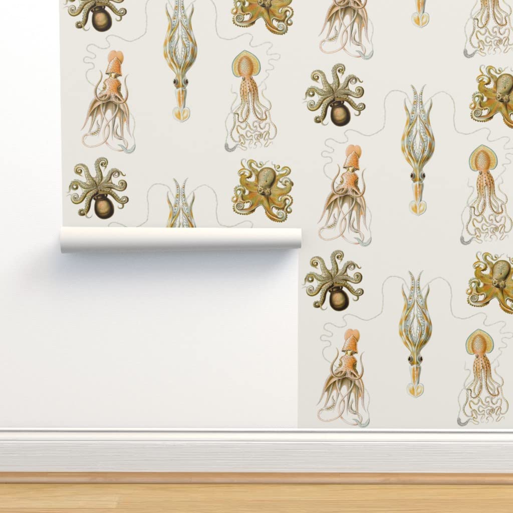 Premium Commercial Grade Wallpaper 27ft x 2ft - Vintage Ocean Theme with Jellyfish & Octopus Design, Nautical Traditional Peel and Stick Wallpaper by Spoonflower | Perfect for Living Room, Bedroom, Office and Cafe Decoration