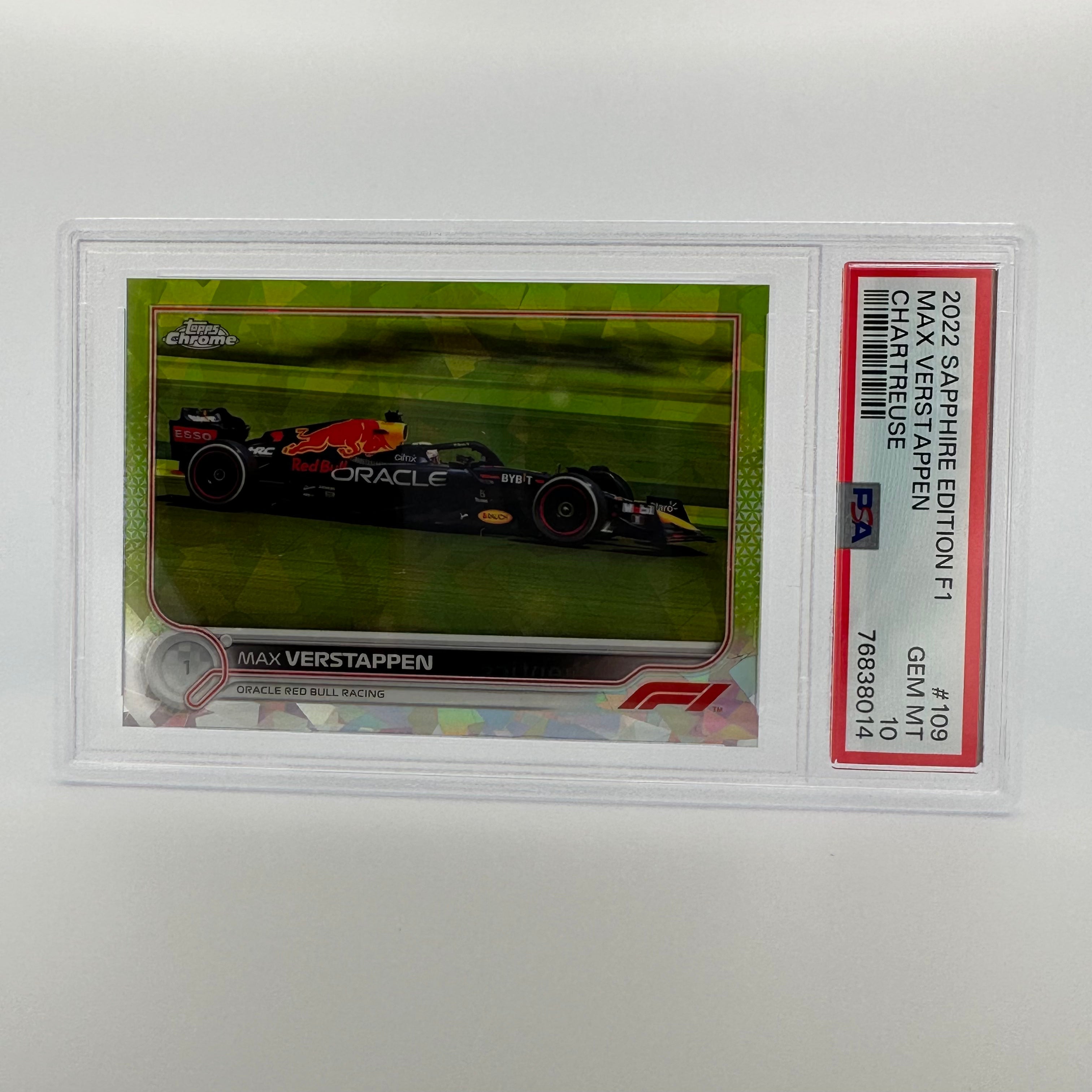 PSA 10 Graded Max Verstappen #109 Sapphire Edition Chartreuse 087/199 - Rare F1 Trading Card for Collectors & Racing Fans - Perfect for Display, Investment & Sports Memorabilia Collections