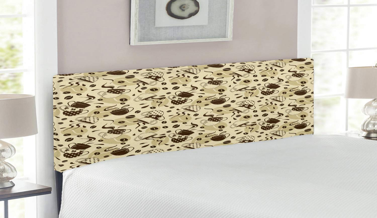 Ambesonne Modern Upholstered Headboard Queen Size - Contemporary Coffee Cups Polka Dots & Roasted Beans Design, Cream & Brown Memory Foam Decorative Metal Bed Headboard for Bedroom Upgrade | Perfect for Contemporary Home Decor & Guest Room Makeover