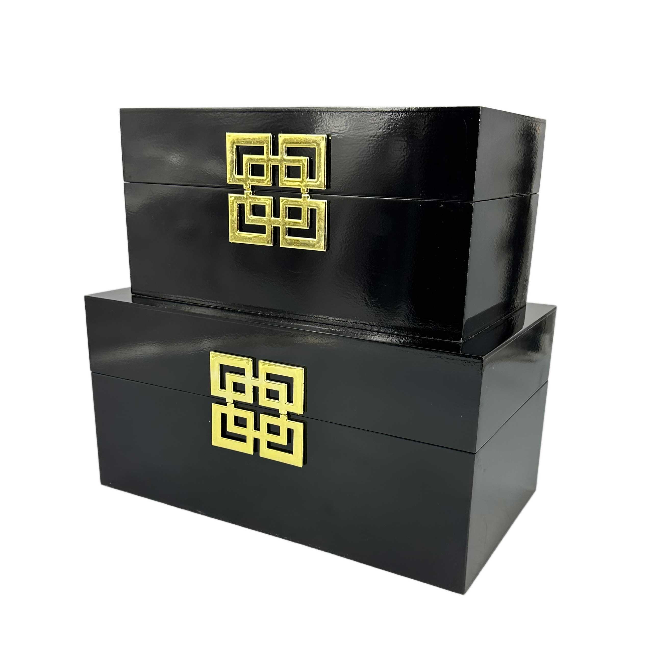 Decorative Wood Storage Box Set with Hinged Lid & Geometric Clasp - Classic Black & Gold Home Decor for Bedroom, Living Room & Office - Set of 2 (Perfect for Jewelry, Keepsakes & Home Organization)