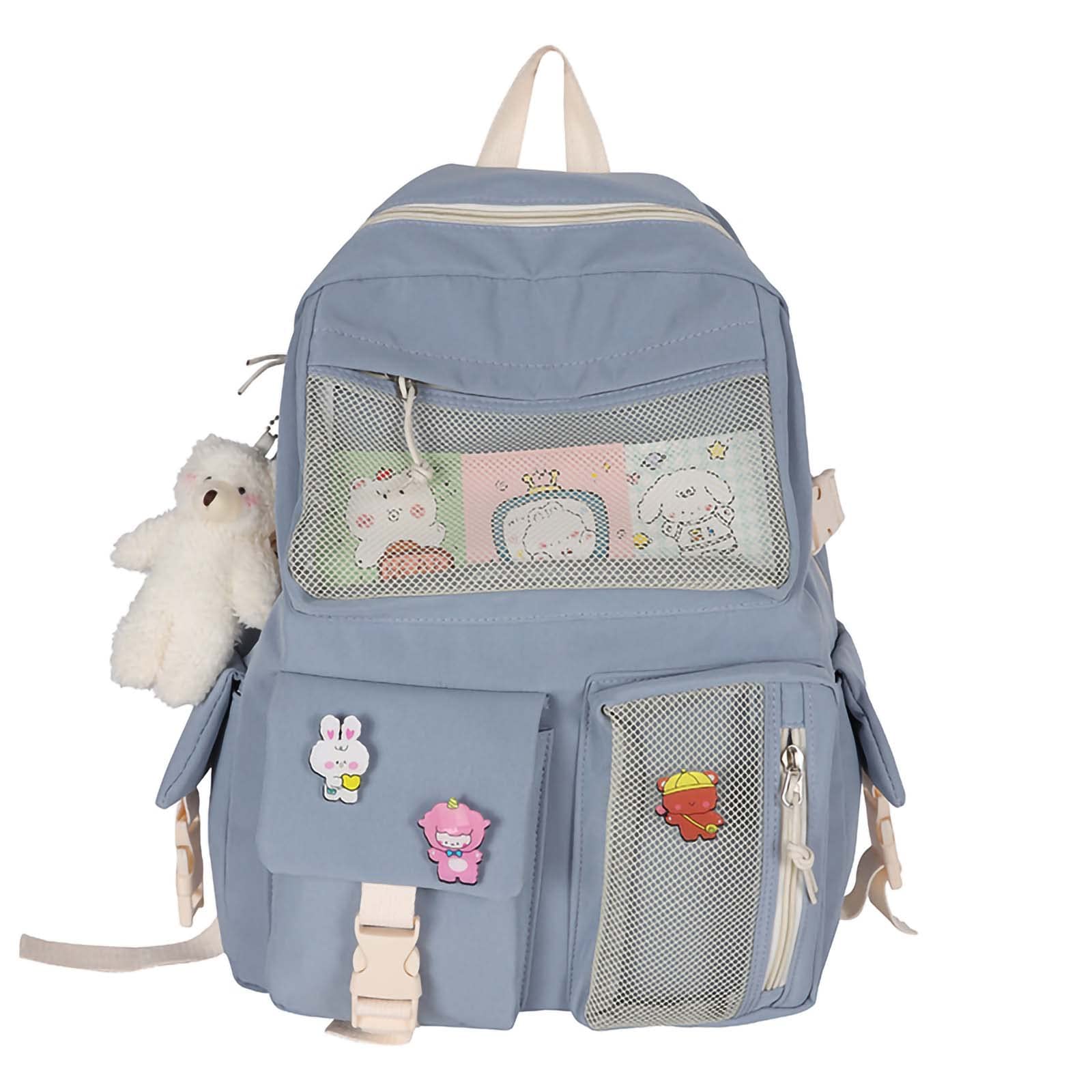 Cute Kawaii Aesthetic Laptop Backpack for Girls - 17 Inch Large Capacity School Bag with Badge & Pendant - Blue Bookbag for College, Work & Travel