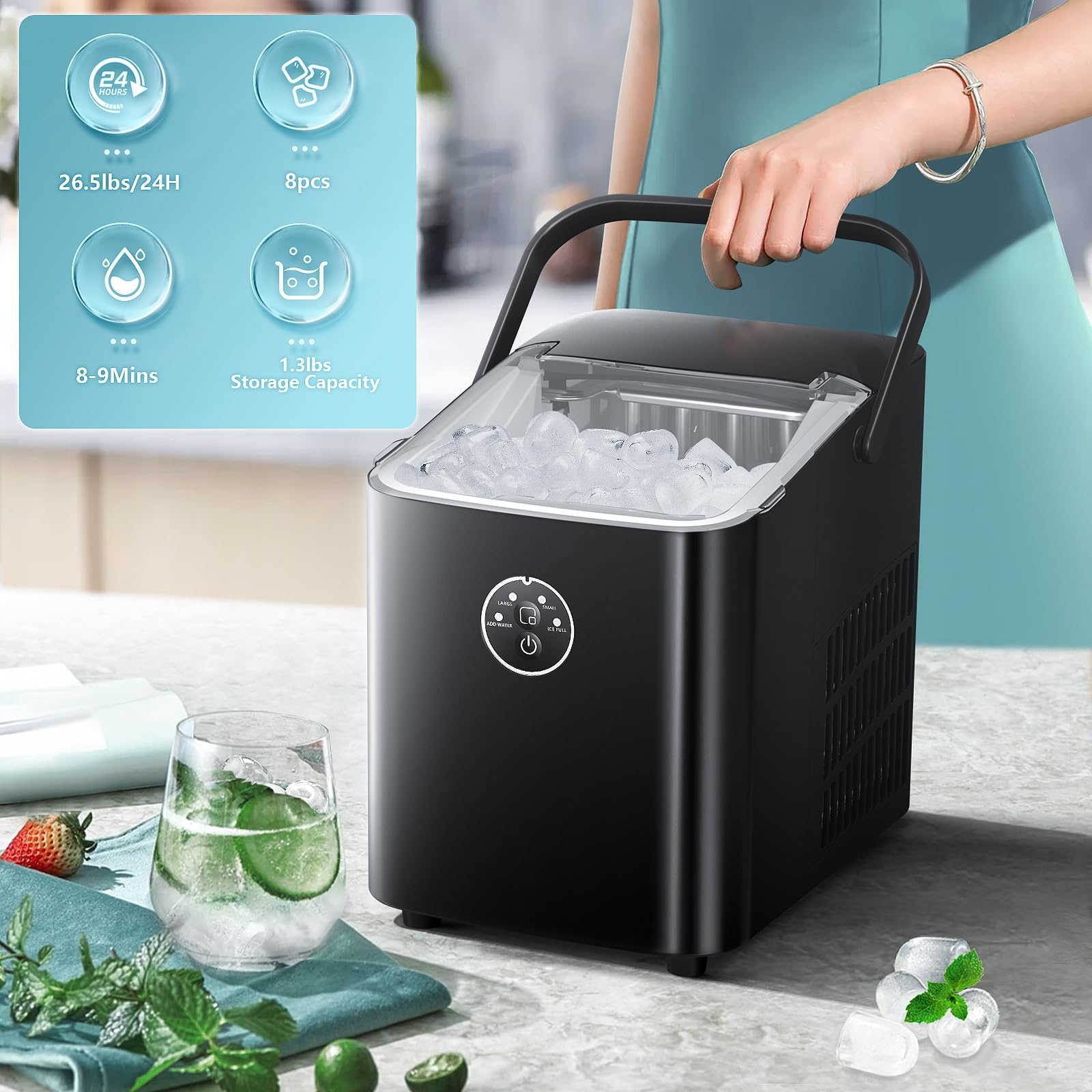 ZAFRO Portable Countertop Ice Maker - 26.5lbs/24H Fast Ice Production, 9-Minute 8-Bullet Ice, Self-Cleaning with Handle & Basket (Black) - Perfect for Home Kitchen, Office, RV & Outdoor Parties