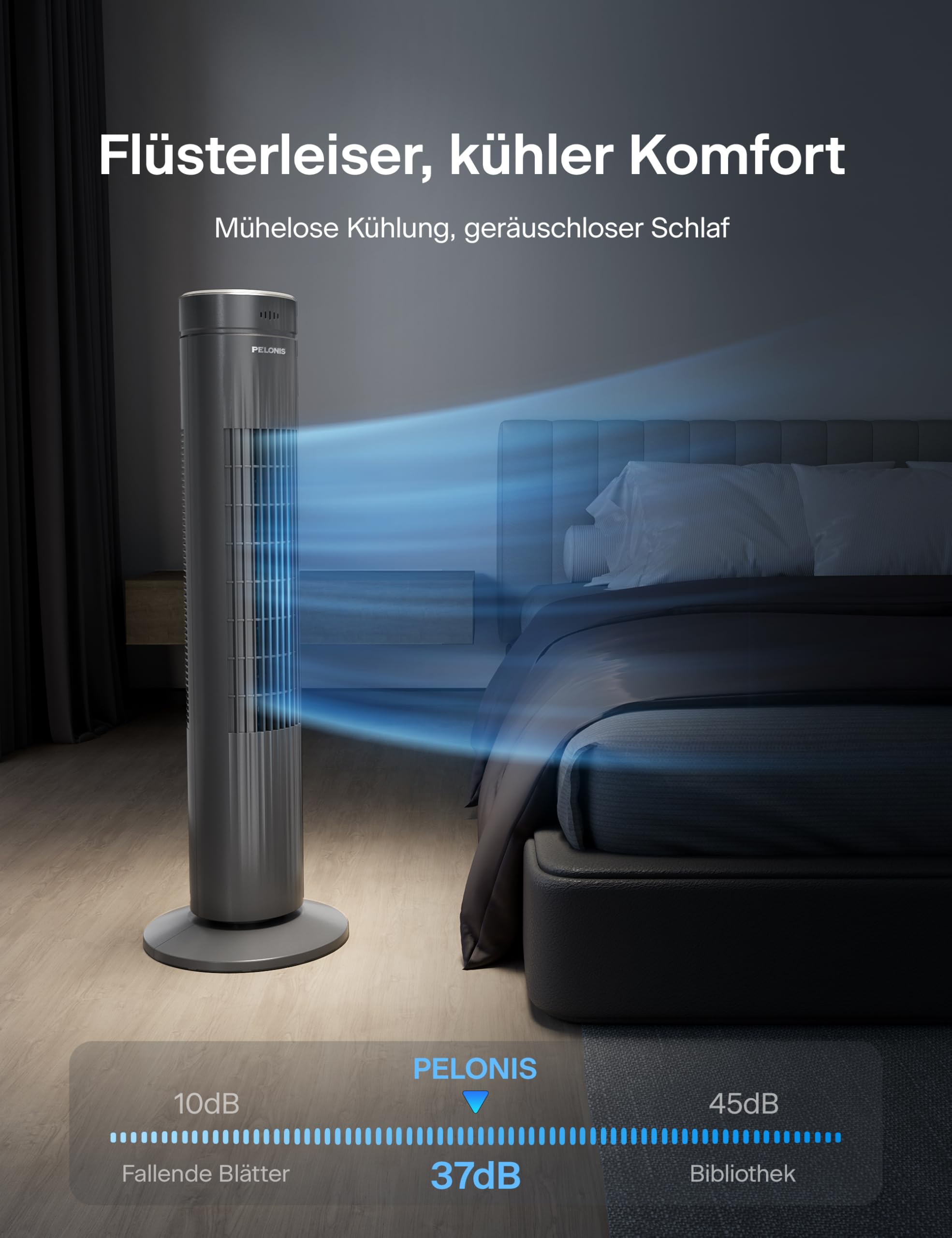 PELONIS Ultra Quiet Tower Fan with Remote Control, 3 Speed Settings, 7-Hour Timer & 3 Modes - Perfect for Bedroom Cooling & Home Office Comfort