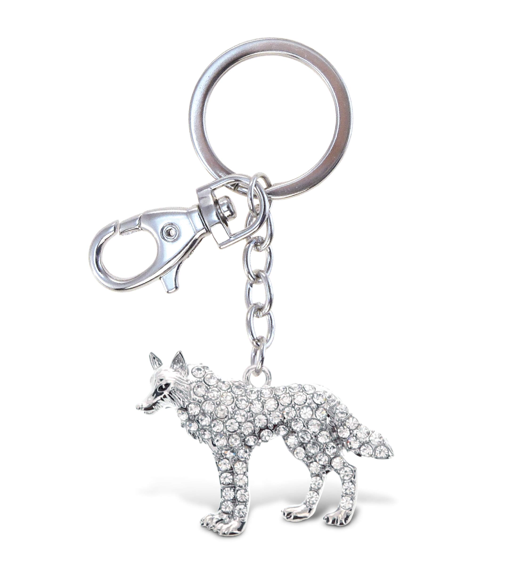 Aqua79 Wolf Keychain - Silver 3D Sparkling Rhinestone Charm, Fashionable Stylish Metal Alloy Key Ring with Clasp, Durable Crystal Jewelry Accessory for Women & Men - Perfect for Gifts, Bags, Keys & Everyday Carry