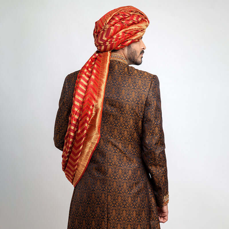 Black and Copper Pure Jamavar Silk Sherwani for Men | Elegant Indian Wedding Attire | Perfect for Groom Wear, Festive Occasions & Cultural Celebrations