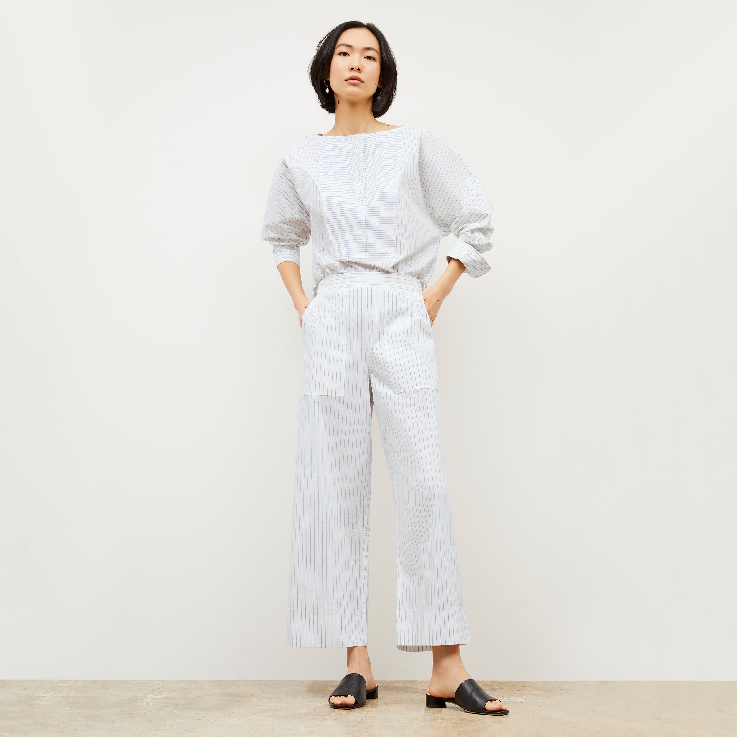 Madelyn Poplin Stripe Pants for Women - Blue & Ivory Casual Summer Trousers - Perfect for Office Wear, Weekend Outings & Beach Vacations