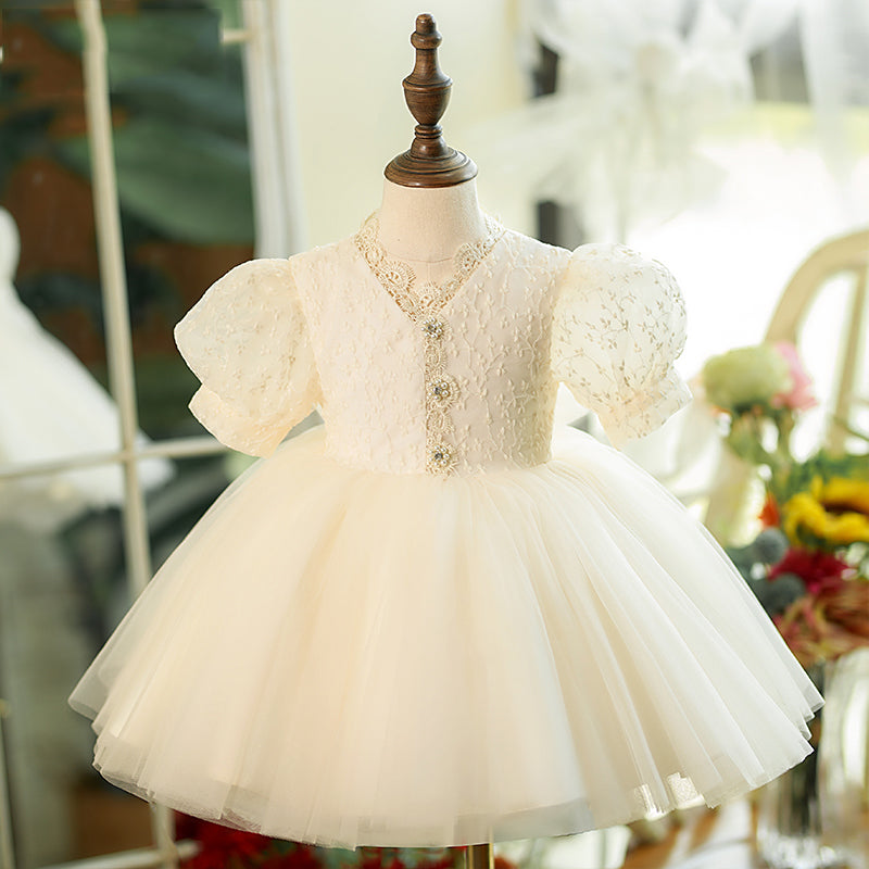 Ivory Lace Tulle Princess Flower Girl Dress - V Neck Puff Sleeve Bridesmaid Dress for Weddings, Baptisms & Special Occasions