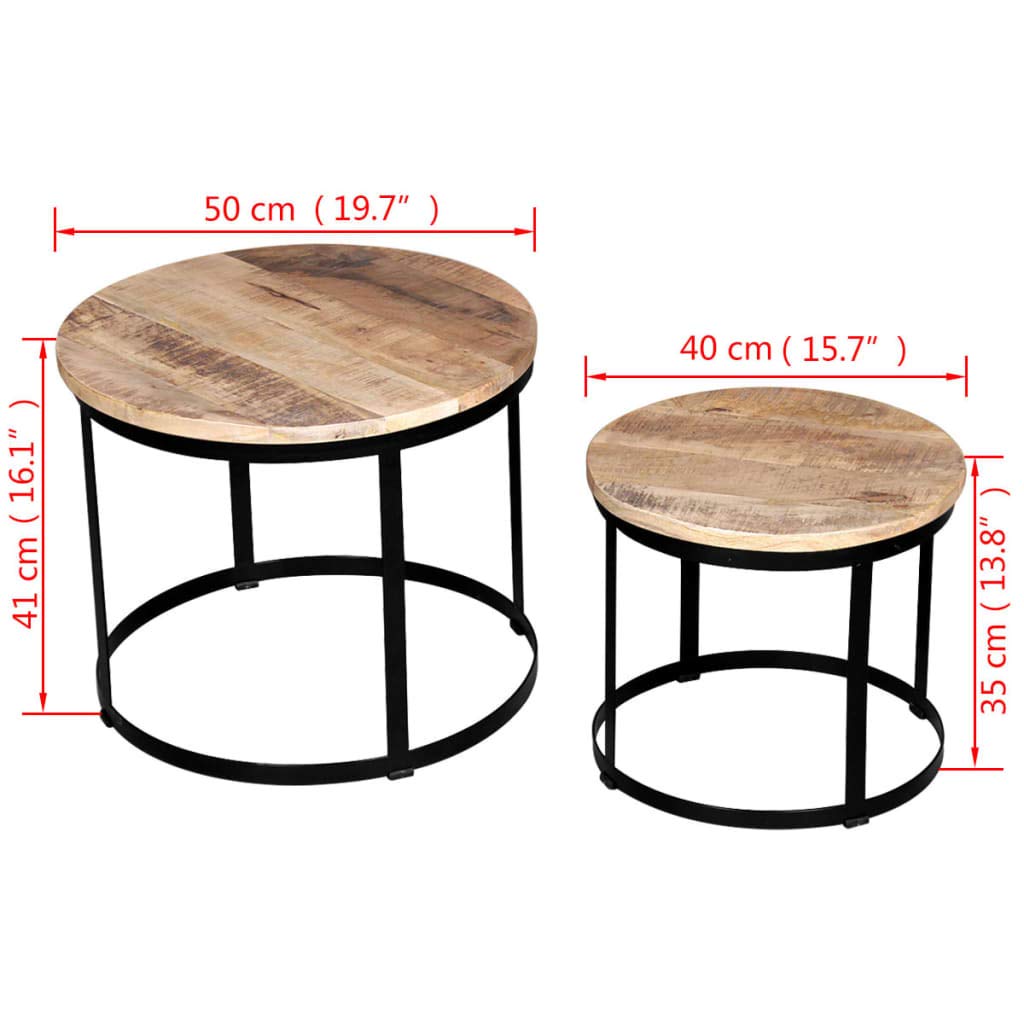 Solid Wood Coffee Table Set with Sturdy Metal Frame - Rough Mango Wood Round Coffee Tables (15.7