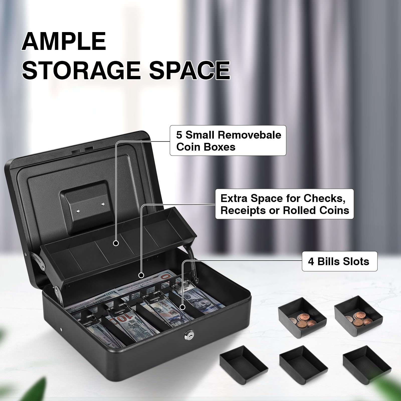 Metal Cash Box with Lock & Key - Durable Money Safe with 4 Bill & 5 Coin Slots, Cantilever Design - Ideal for Retail Stores, Small Businesses, Home Use & Office Cash Management