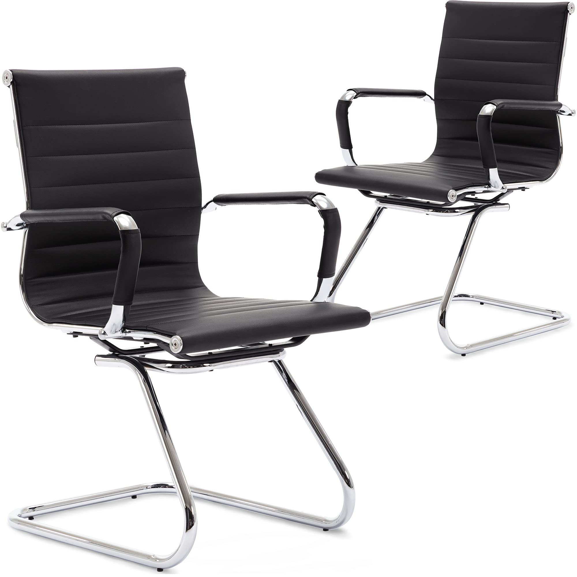 Wahson Office Guest Chairs Without Wheels - Leather Reception & Waiting Room Chairs - Mid Back Conference Chairs with Sled Base - Perfect for Meeting Rooms, Lobby Areas & Restrooms - Set of 2 Black Chairs - Ideal for Professional Offices, Waiting Areas & Corporate Spaces
