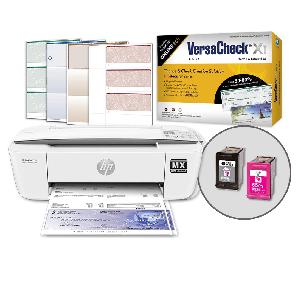 VersaCheck HP DeskJet 4155 MXE MICR All-in-One Printer with Gold Printing Software Bundle - White | Perfect for Home Office, Small Business Check Printing & Document Scanning