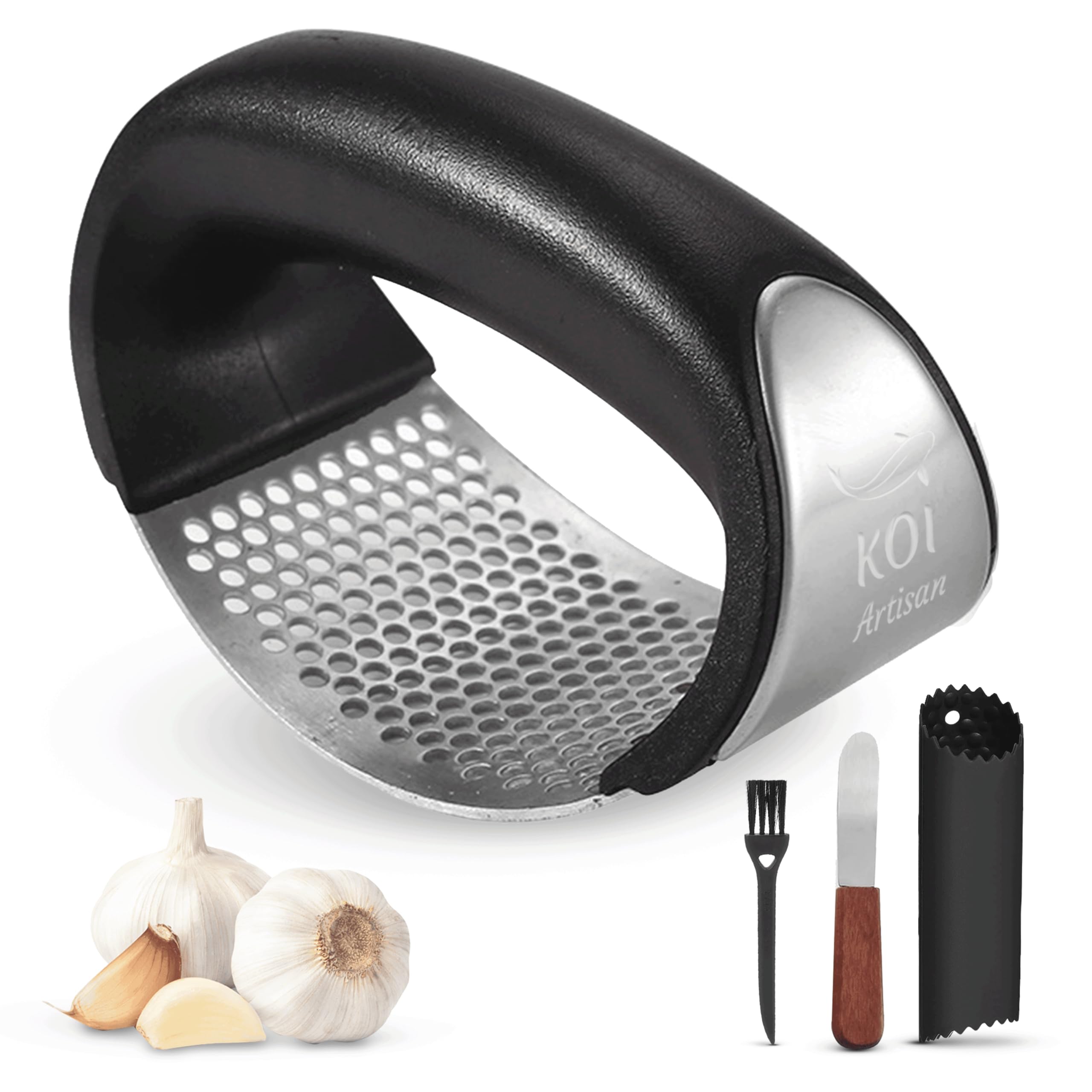 Premium Stainless Steel Garlic Press & Crusher with Ergonomic Wooden Handle - Easy Garlic Peeler for Cooking, Baking, and Meal Prep - Perfect for Home Chefs and Professional Kitchens