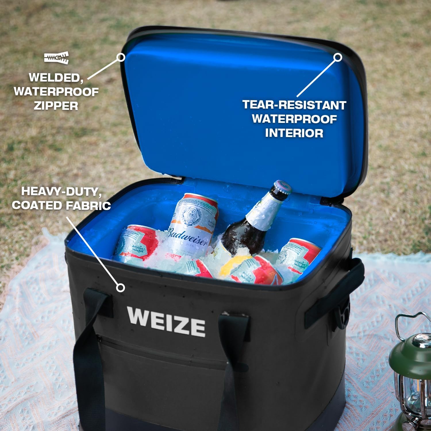 WEIZE 24 Can Soft Cooler - 15L Insulated Leak Proof Floating Ice Chest with Heavy Duty Zipper, Portable Lunch Bag for Camping, Beach, Picnic & Outdoor Activities