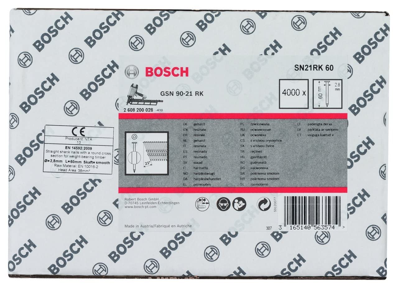 Bosch 2608200028 SN21RK Round Head Smooth Strip Nails 60mm x 2.8mm Bright Silver - Ideal for Framing, Roofing, and Woodworking Projects