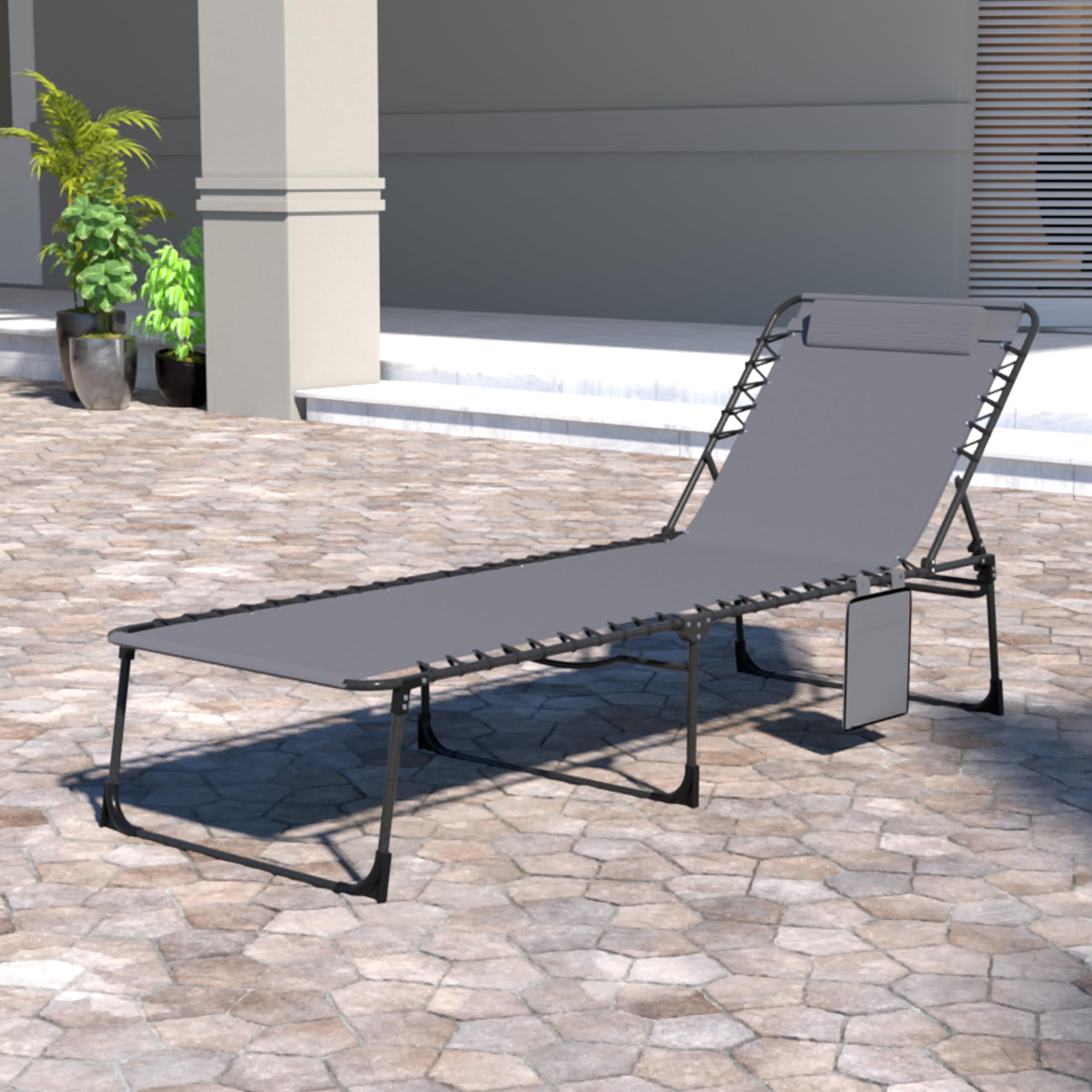 VEIKOU 5-Position Adjustable Chaise Lounge Chair - Upgraded Folding Outdoor Sun Lounger for Patio, Pool, Beach & Lawn - Deep Grey - Perfect for Sunbathing, Relaxing & Outdoor Lounging