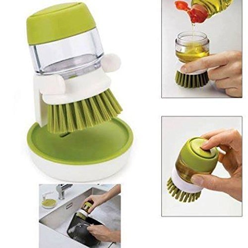 QONETIC Kitchen Sink Cleaning Brush with Built-in Soap Dispenser - Dish Scrubber with Storage Stand Holder, Palm Scrub Brush for Washing Dishes - Perfect for Kitchen, Bathroom, and Outdoor Cleaning (SDWB.01)