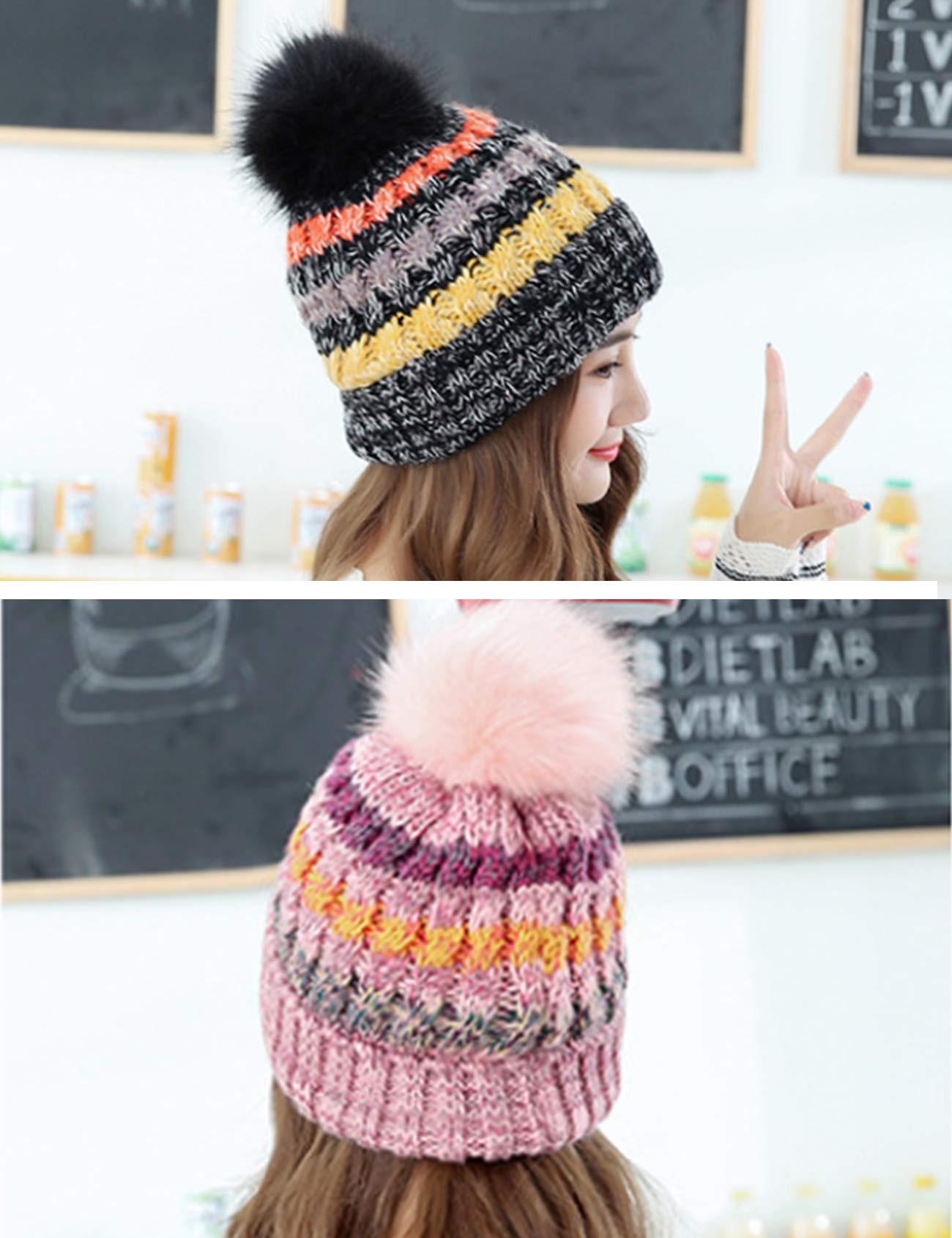 Women's Colorful Knit Winter Beanie Hat with Pompom - Warm Fleece Lined Cuffed Beanie for Cold Weather - Perfect for Skiing, Snowboarding & Outdoor Winter Activities