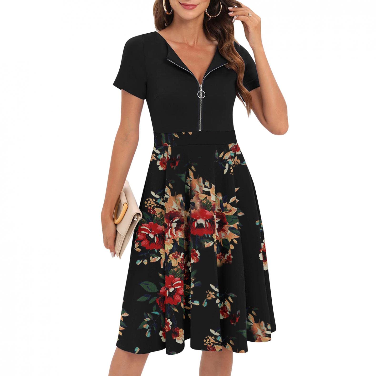 2022 Women's Vintage Floral Print A-Line Flared Midi Swing Dress - Casual Summer Party Dress with Zipper | Perfect for Beach Vacations, Garden Parties & Date Nights