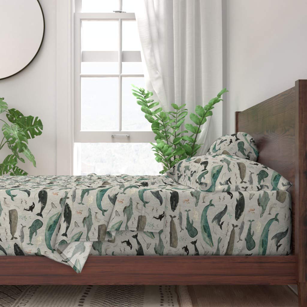 Whale Gray Watercolor Ocean Print 100% Cotton Queen 4-Piece Sheet Set - Soft Breathable Bedding for Adults & Kids, Perfect for Nautical Themed Bedrooms, Beach Houses, and Gender-Neutral Nursery Decor