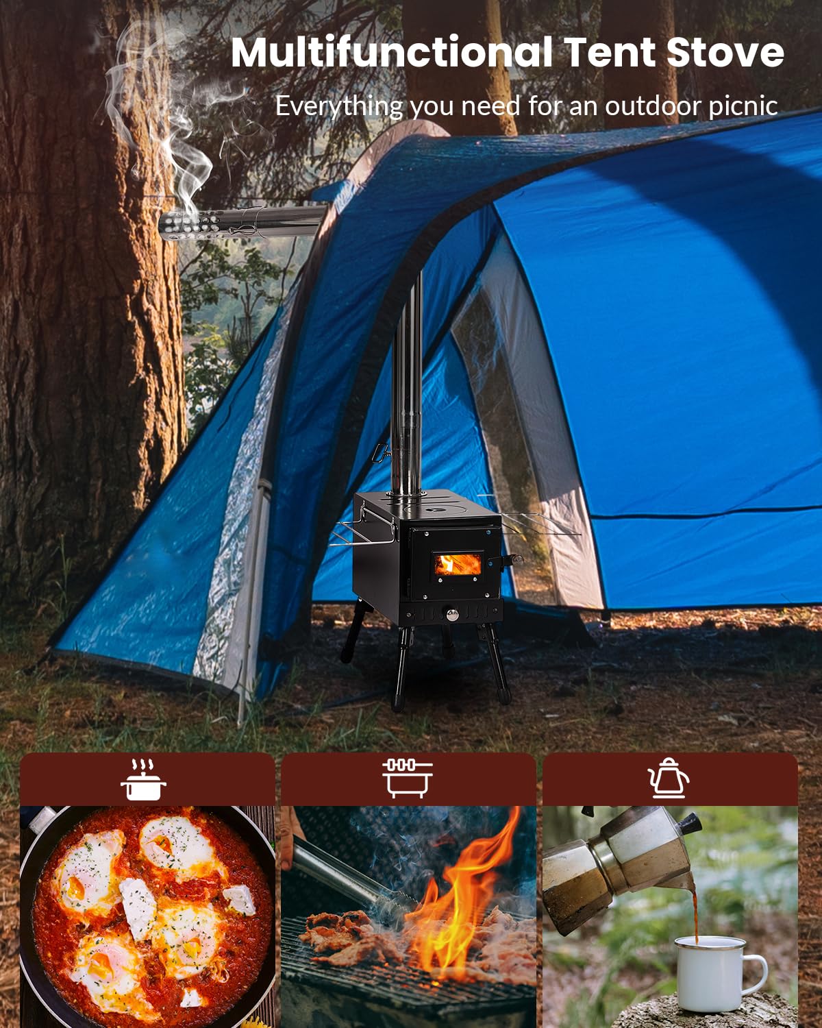 Portable Wood Burning Stove for Camping & Outdoor Cooking - YRenZ Tent Stove with Adjustable Heat Control, Stovepipe & Elbow Pipe - Perfect for Backpacking, Hunting, Ice Fishing & Emergency Heating