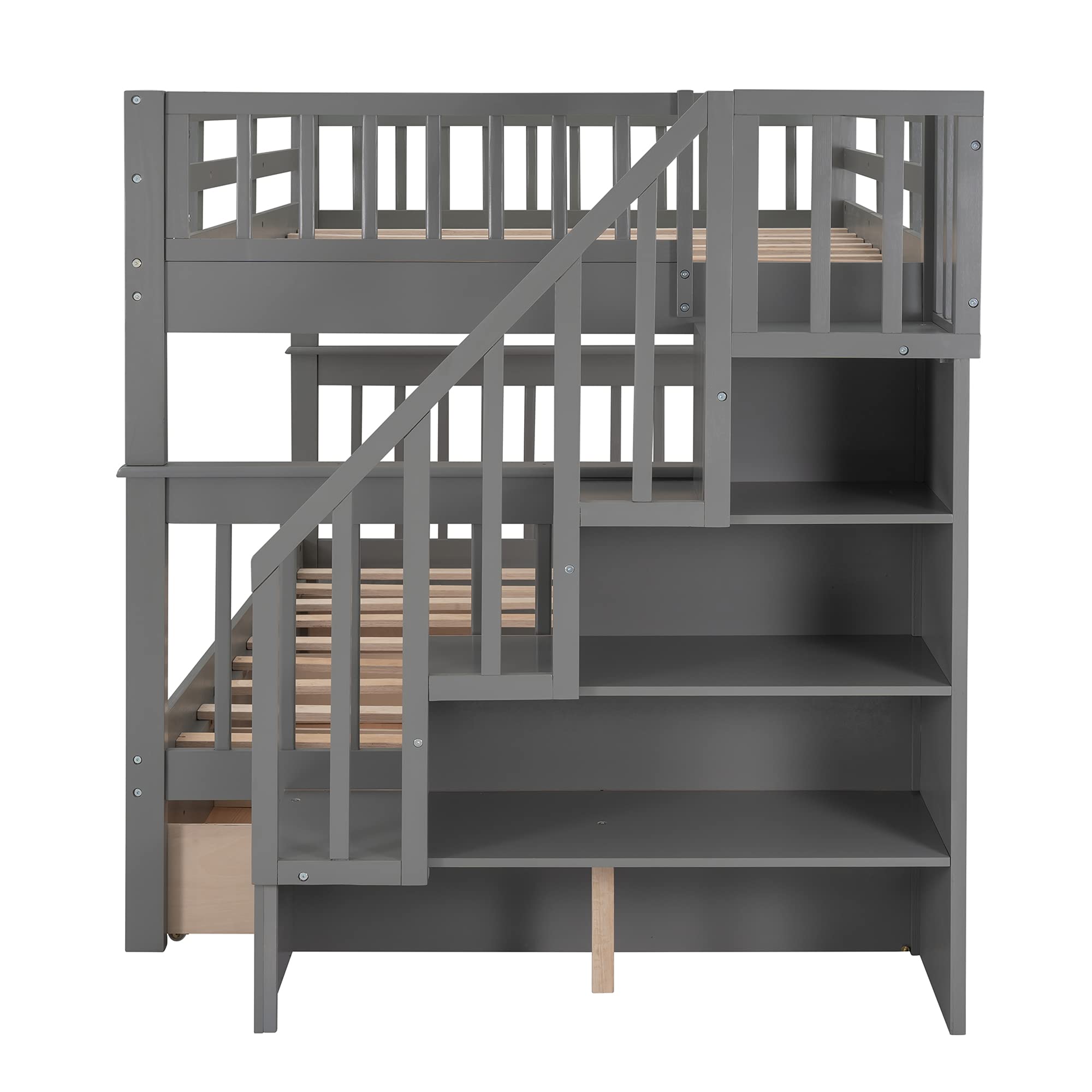 P PURLOVE Full Over Full Bunk Bed with Storage & Stairs - Convertible to 2 Twin Beds for Teens & Adults - Space Saving Solution for Small Rooms