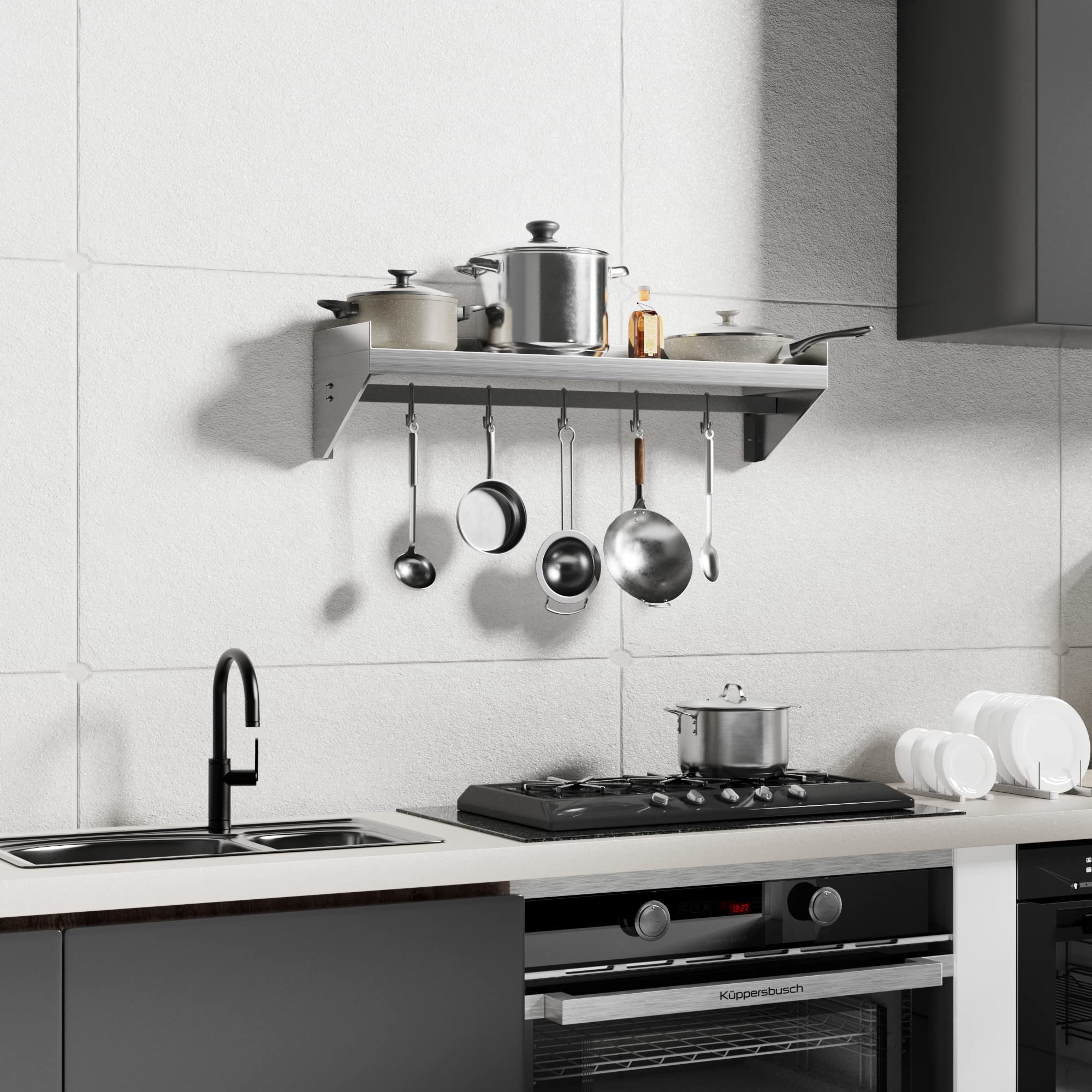Stainless Steel Wall Shelf 36x14 Inch - Heavy Duty Metal Floating Shelf with 5 Hooks for Kitchen, Bathroom, Laundry Room - Wall Mounted Storage Rack for Pots, Spices, Towels - Perfect for Home, Restaurant, Bar & Food Truck Organization