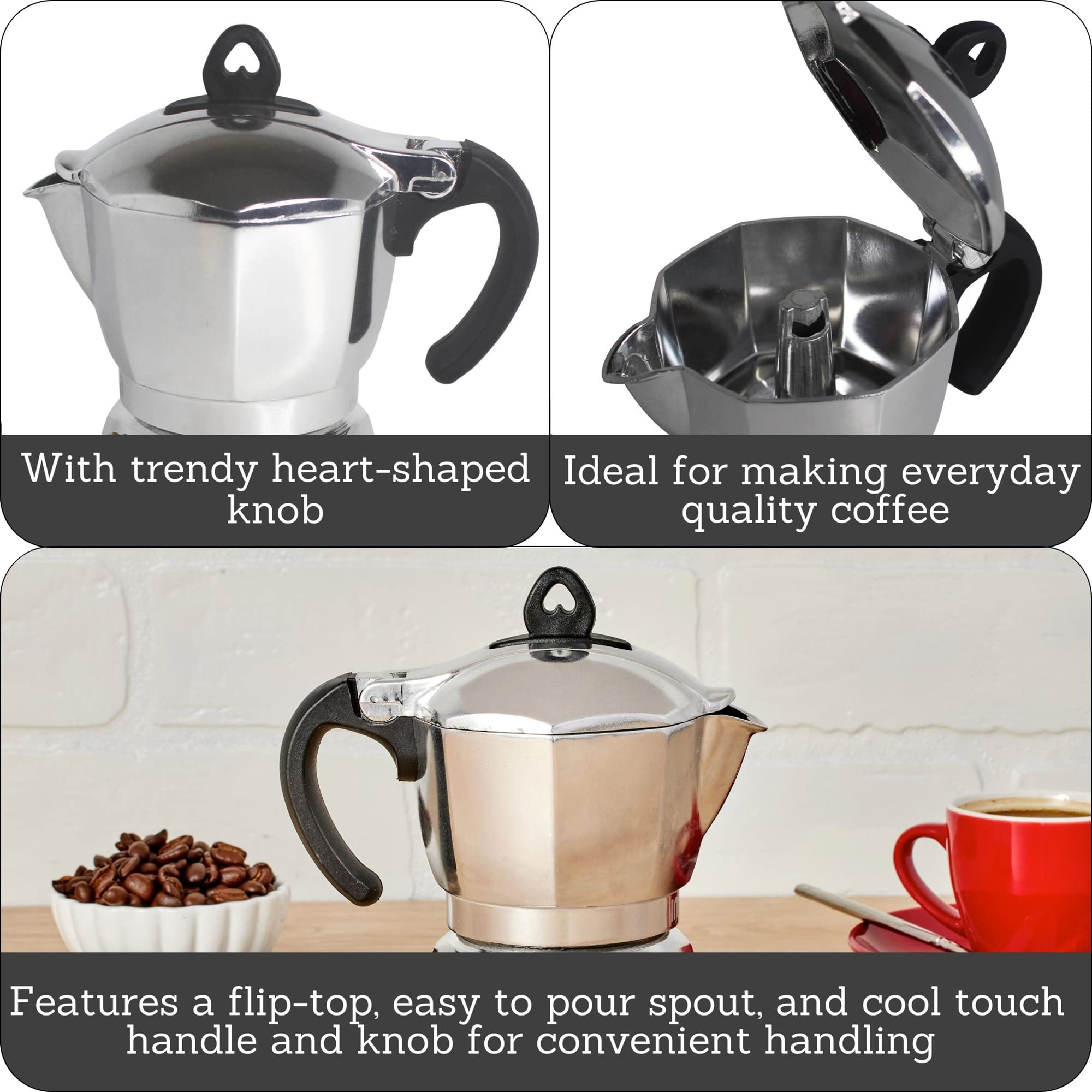 IMUSA 6-Cup Stovetop Espresso Maker with Heart-Shaped Knob - Silver Moka Pot for Italian Coffee - Perfect for Home, Office & Camping Brewing