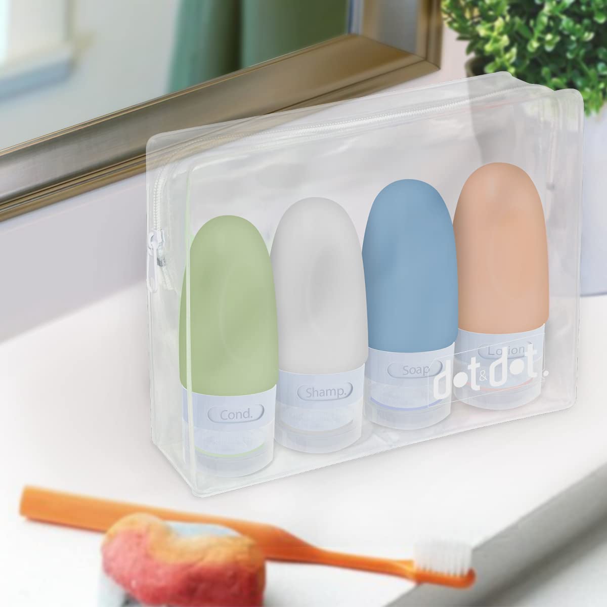 **Dot&Dot Leak Proof Travel Bottles for Toiletries - 4 Pack Silicone TSA Approved 1 oz Travel Size Bottles for Shampoo, Conditioner & Liquids - Perfect for Airplane, Gym & Vacation**