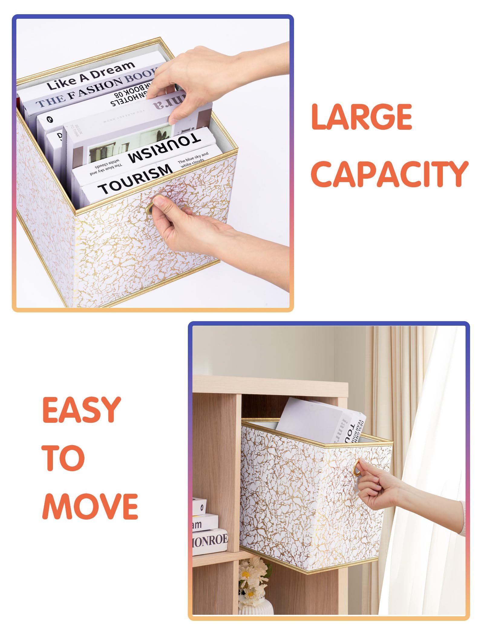 Foldable 11-Inch Collapsible Storage Cube Bins with Grommet Handle - 4-Pack Fabric Storage Organizers for Shelves, Closet, Nursery, Toys & Home Organization (White Gold) - Perfect for Small Space Storage & Kids' Room Organization