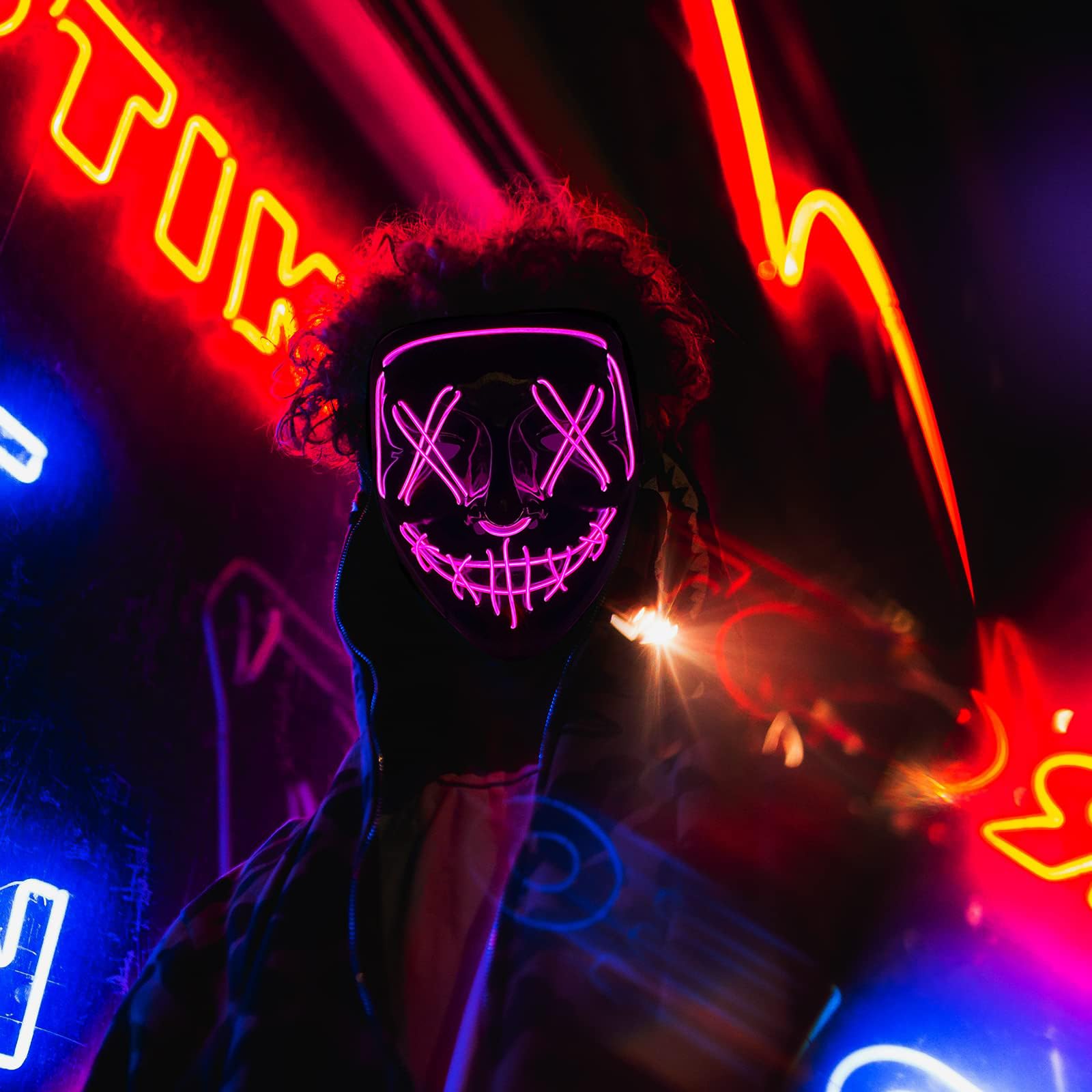 LED Light Up Halloween Mask with 4 Lighting Modes - Scary Scream Purge Mask for Cosplay, Horror Parties & Halloween Festivals - Rechargeable Glow Mask for Night Events & Costume Contests