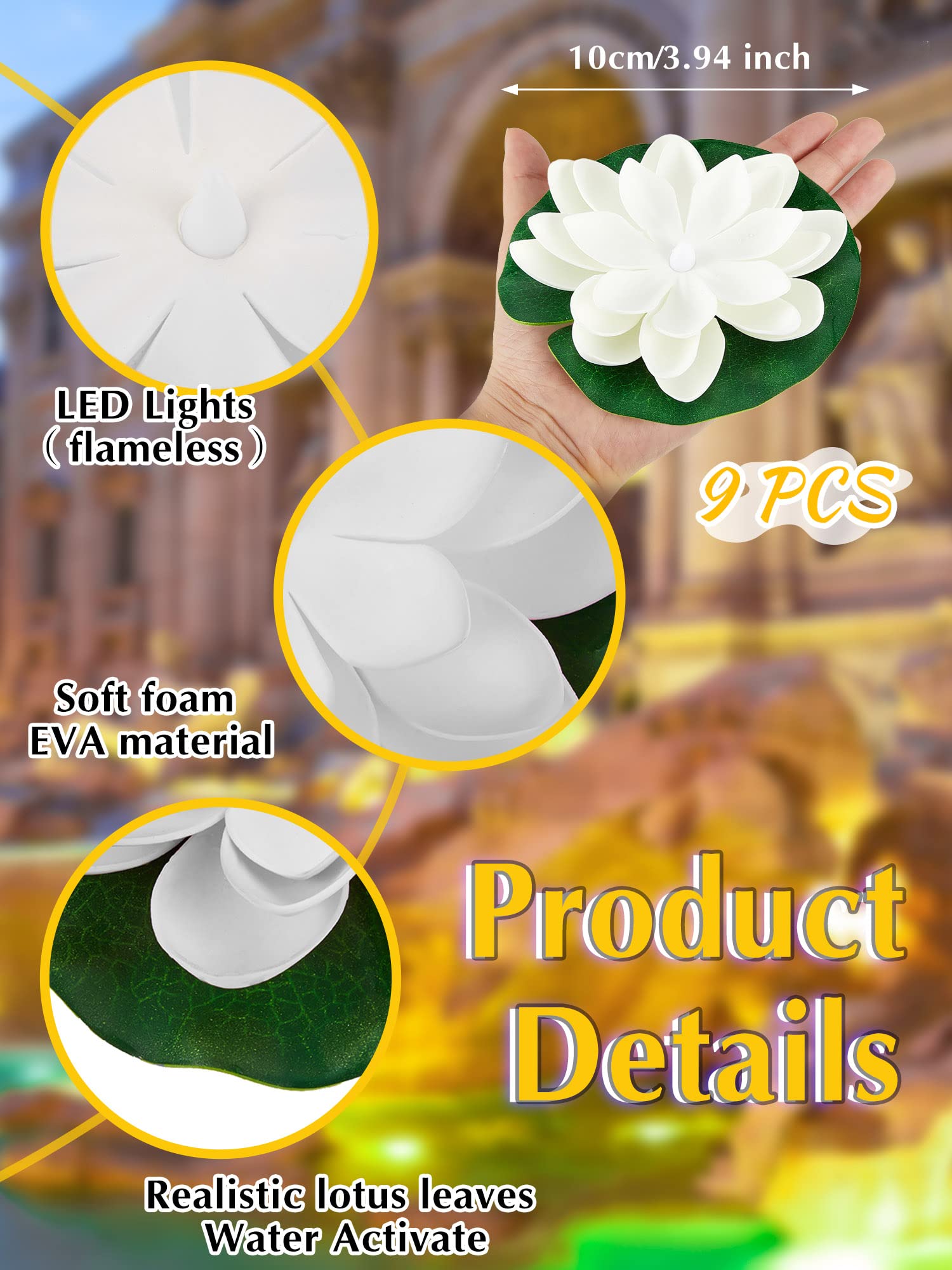 Hortsun 9 Pack Floating Pool Lights - Waterproof LED Lotus Flower Lanterns for Ponds & Pools (3.94 Inch, White & Yellow Light) - Battery Operated Decorative Lights for Backyard, Garden, and Outdoor Parties