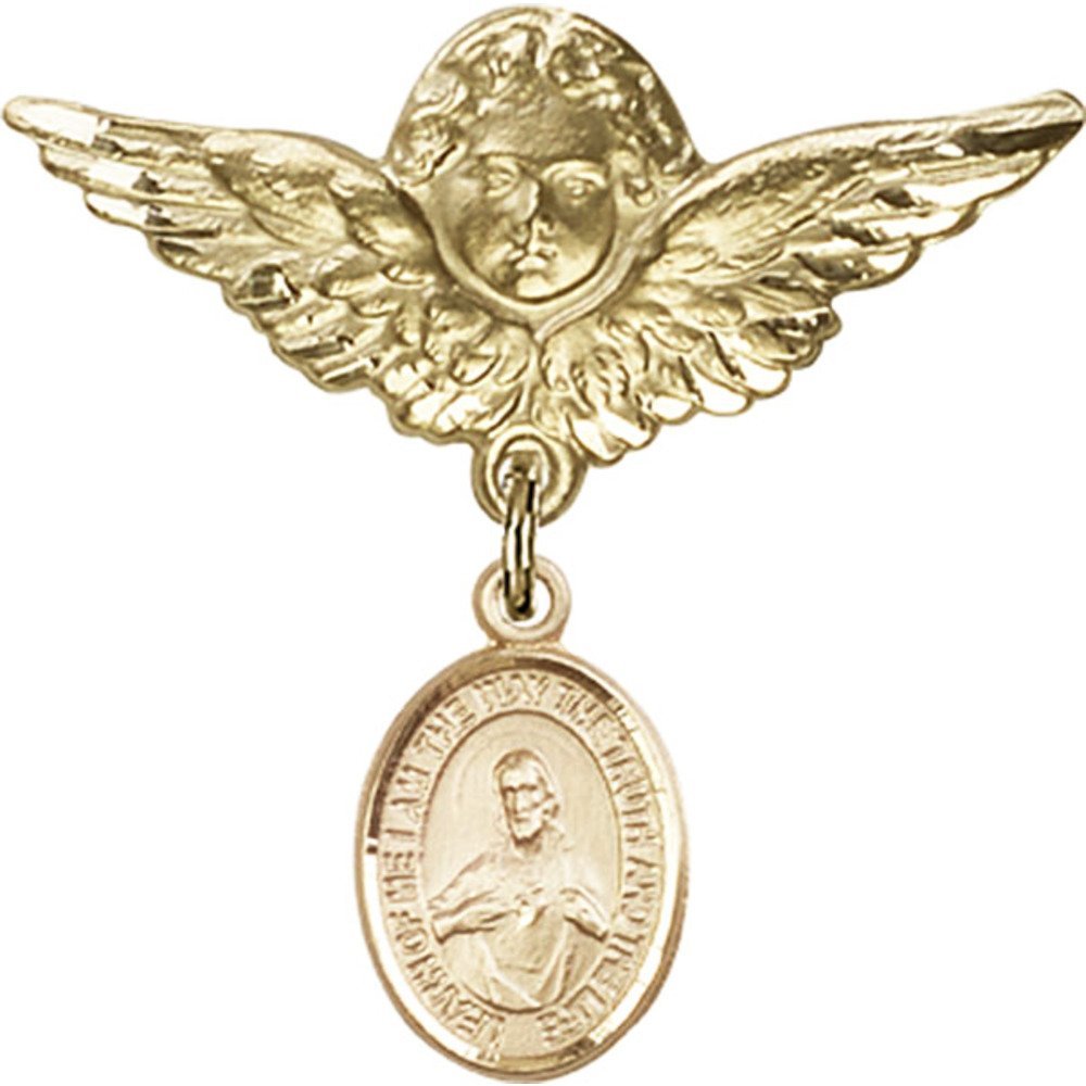 Gold Filled Baby Badge with Scapular Charm & Angel Wing Pin - 1 1/8 X 1 1/8 Inch Religious Jewelry - Perfect for Baptism, First Communion & Baby Blessing Gifts